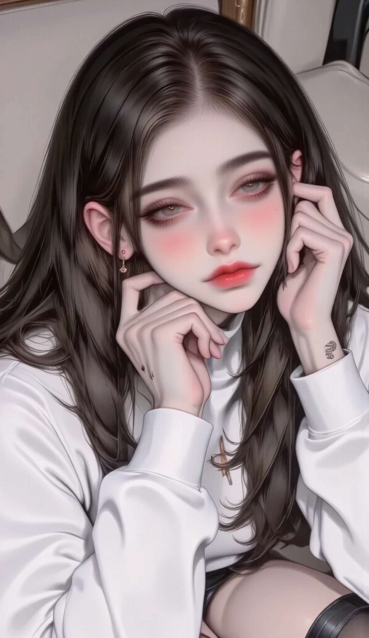 a woman with long hair that falls on her shoulders both hands on her face as if holding it and resting her elbows on her knees, white sweatshirt and tattoos sitting on a sofa , detailed and beautiful portrait, cuerpo y rostro hermosos y detallados, highly detailed portrait, Detailed portrait of an anime girl , 🤤 portrait of a girl, nice detailed art, Detailed woman, extremely Detailed woman, Detailed illustration of portrait , Beautiful drawing style , extremely detailed portrait , with long hair and piercing eyes , tattoo style