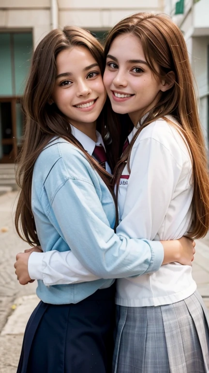Romance students, two girls students in school uniform, lesbian couple, tall and thin, beautiful, alumnaxalumna, classmates
