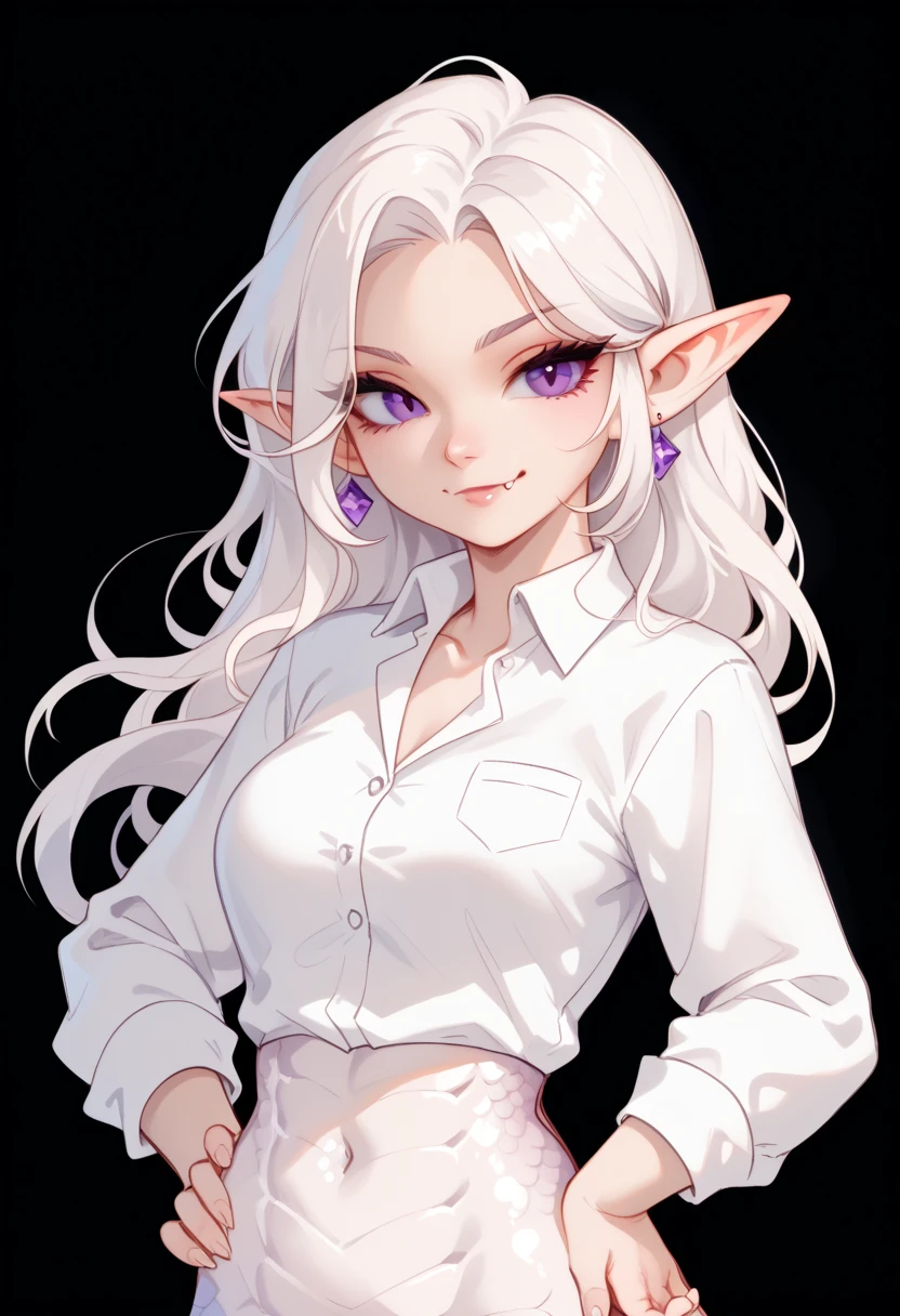 Manic smile woman with silver hair, com a cor dos olhos violeta, usando um jaleco branco, and a bobolette tie around his neck, e uma blusa preta, with jeans and put on