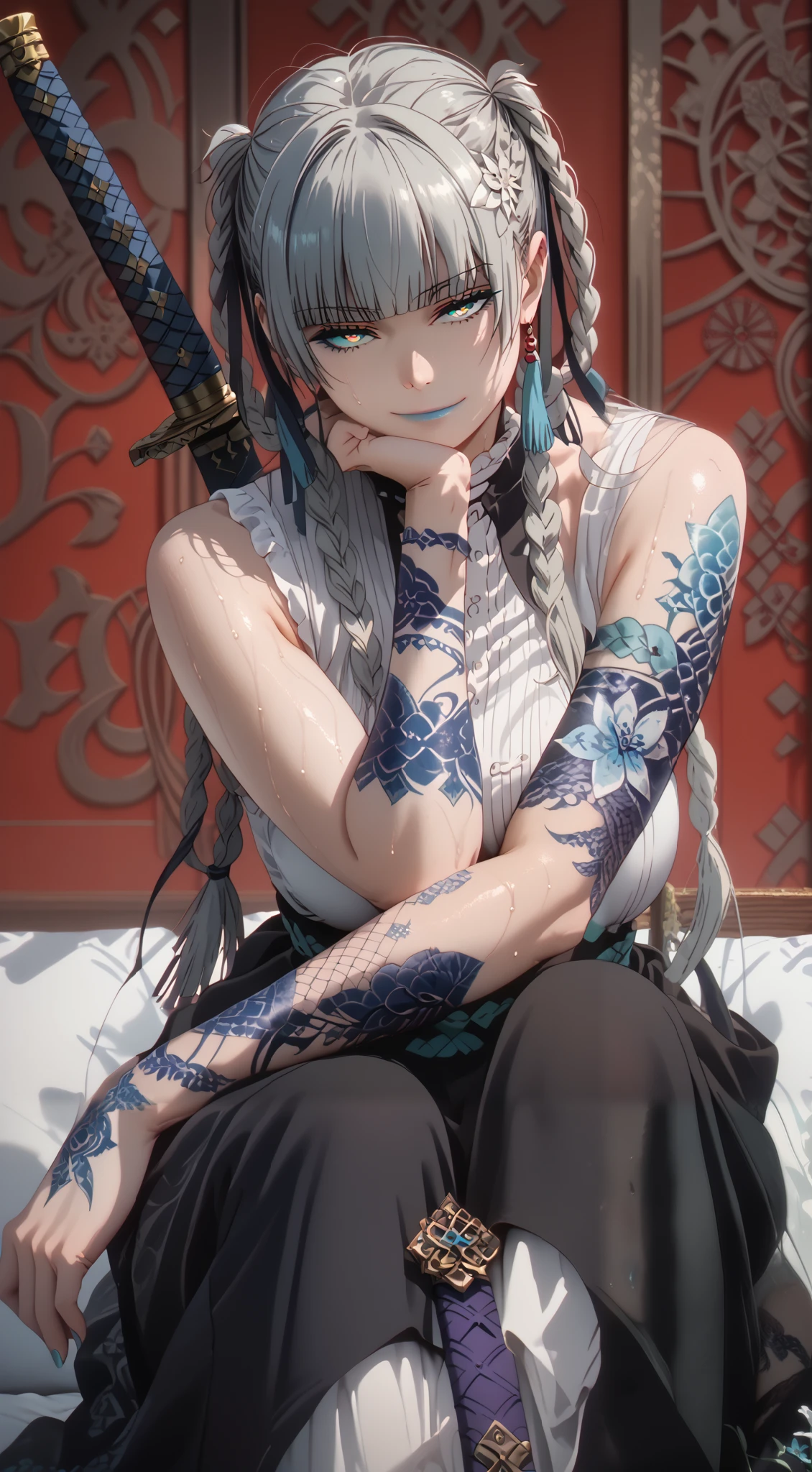 GotExpressCinematic, score_9, score_8_up, score_7_up, score_6_up, uncensored, Kirari, braid, makeup, twin braids, blunt bangs, aqua nails, aqua eyes, blue lips, hair ribbon, grey hair, nail polish, shaded face, large breasts, bright pupils, anime coloring, anime screencap, (voluptuous:1.3), (thick:1.3), BREAK UHD, retina, masterpiece, accurate, anatomically correct, textured skin, super detail, high details, high quality, award winning, best quality, highres, 4K, excessive sweating, sweating, sweating drop, (gasping, heavy breathing:1.3), (skindentation:1.2), perfect eyes, beautiful eyes, eyelashes, makeup, detailed body, perfect body, BREAK, 1girl, weapon, solo, sword, tattoo, hair_flower, flower, katana, sitting, looking_at_viewer, arm_tattoo, bare_shoulders, head_rest, sheathed, closed_mouth, sheath, japanese_clothes, sleeveless, white_flower, half-closed eyes, smirk