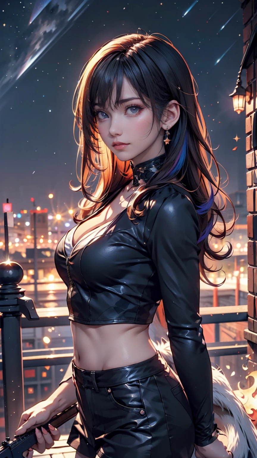 (best quality:1.1), (Masterpiece:1.2), High quality shadow, beautiful details, Beautiful face, Detailed eyes, depth of field, high resolution, best shadow, best light, 1 girl, see the audience, shiny purple hair, smooth, blunt, long hair, glowing purple eyes, shy, Very big breasts, pump, Single strap shirt, black leather jacket, table, glass, liquor bottle, night time, rift, eyes, pub bar background, sexy woman, cold, pov, Cool Woman