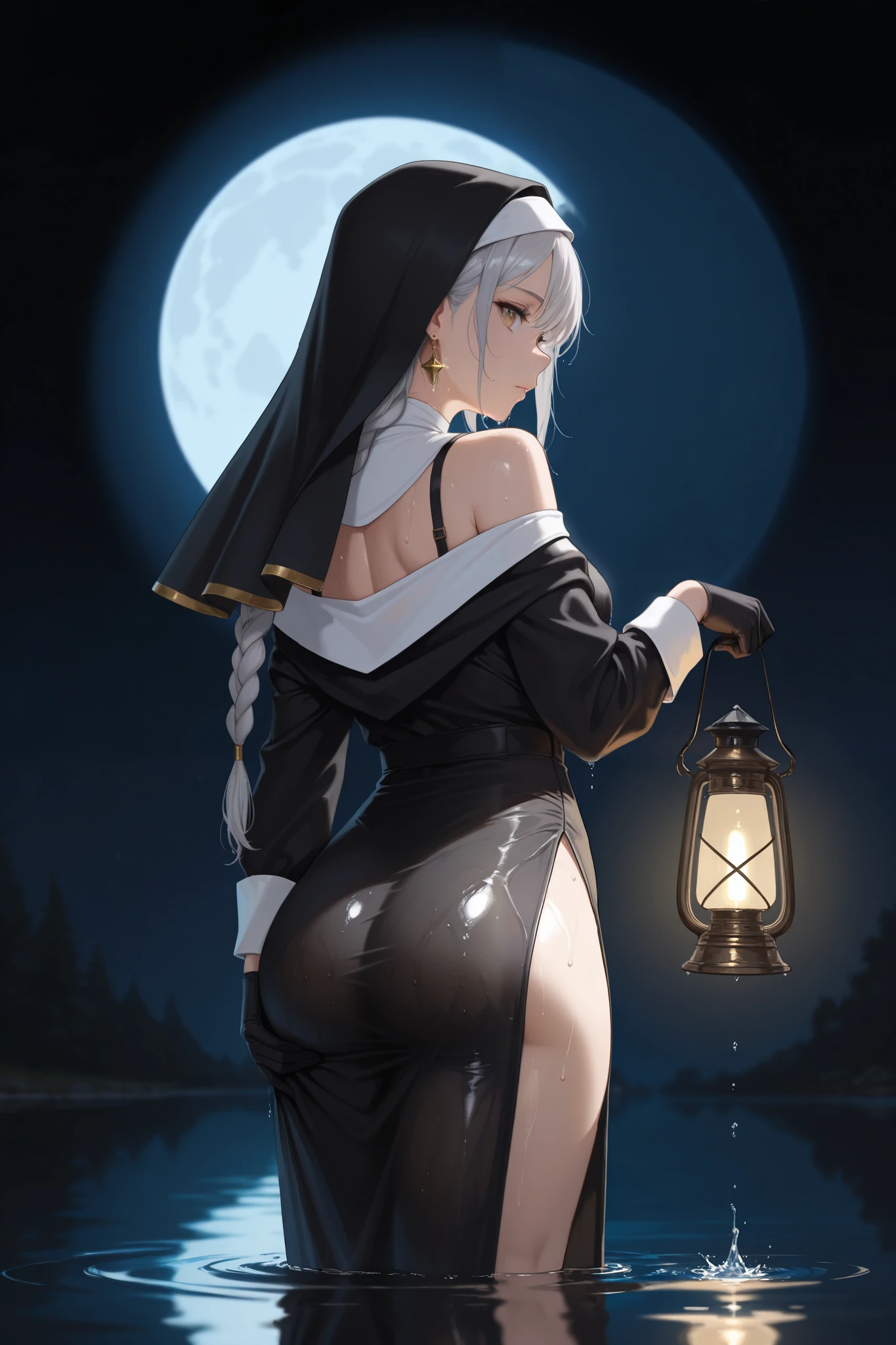masterpiece, best quality, ultra-detailed, glistening shiny, glowing light, ray tracing, HDR, (perfect face, detailed face, detailed eyes), 8k,HD,ultra realistic face, ray tracing, perfect lighting, best quality, ultra-detailed, High resolution, Full body, Description Girls, detail hands, Detail fingers, Detail Face, cute face, detail legs, overdetailed art, Fine details, ((silver hair)), purple eyes, ((wavy hair)), (bobcut), (medium breast), (huge ass), oily skin, angry, ((nun)), open back, walking, town
