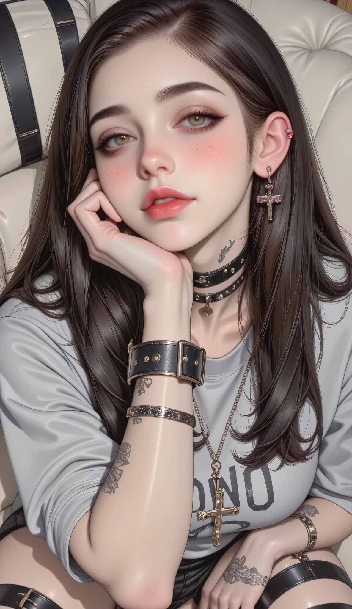 a woman with long hair that falls on her shoulders both hands on her face as if holding it and resting her elbows on her knees, white sweatshirt and tattoos sitting on a sofa , detailed and beautiful portrait, cuerpo y rostro hermosos y detallados, highly detailed portrait, Detailed portrait of an anime girl , 🤤 portrait of a girl, nice detailed art, Detailed woman, extremely Detailed woman, Detailed illustration of portrait , Beautiful drawing style , extremely detailed portrait , with long hair and piercing eyes , tattoo style