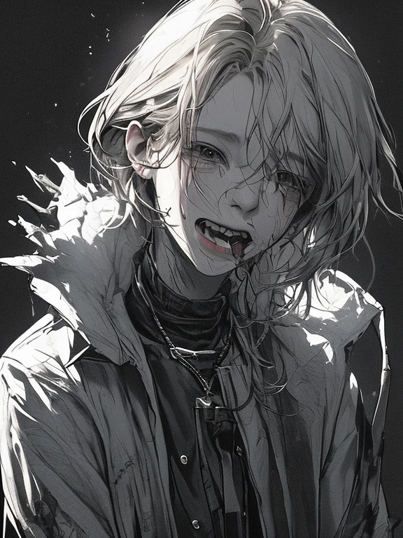 1 guy, blue eyes, white hair, wears glasses, long hair disheveled, hair gathered in a low ponytail, male build, looks at the viewer, crazy eyes, crazy smile, dressed in a black shirt, black trousers, stands, night outside, stars, blood on clothes, blood on cheek, shaded face, flowing hair, detailed, beautiful, delicate tones