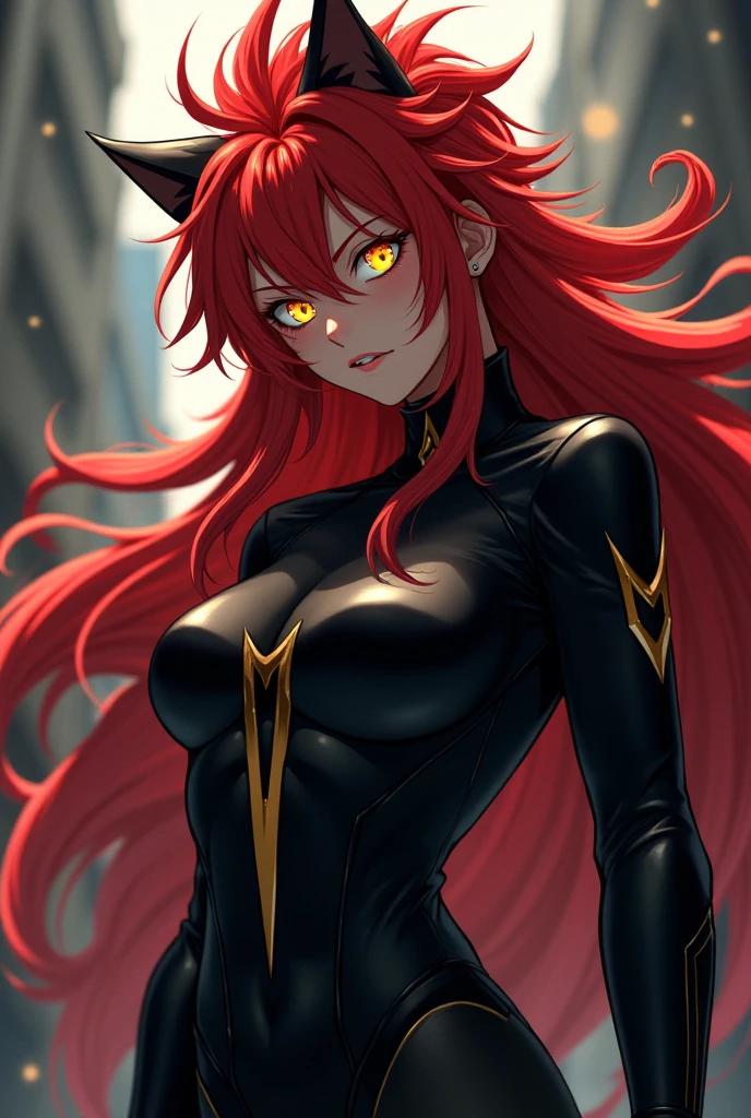 It in color and uses the flames, standing in the middle of the image masterpiece, (best quality) an woman with very long red hair, neckline, black ribbons, (profile picture), bodysuit, cold look, queen, good anatomy, correct proportions, torn clothes, queen, serious, mysterious appearance, blood, emotionless, evil, (yellow eyes), gothic, large chest, cinematics, color oil painting, solo, cinematic lighting, extremely detailed face, finely detailed face, beautiful face, beautiful eyes, perfect lighting, depth of field, realistic proportions, good anatomy, ((((Obra maestra, La mejor calidad, ultrahigh resolution)))), 1girl, standing, (sexy latex costume), facing the viewer, face shot