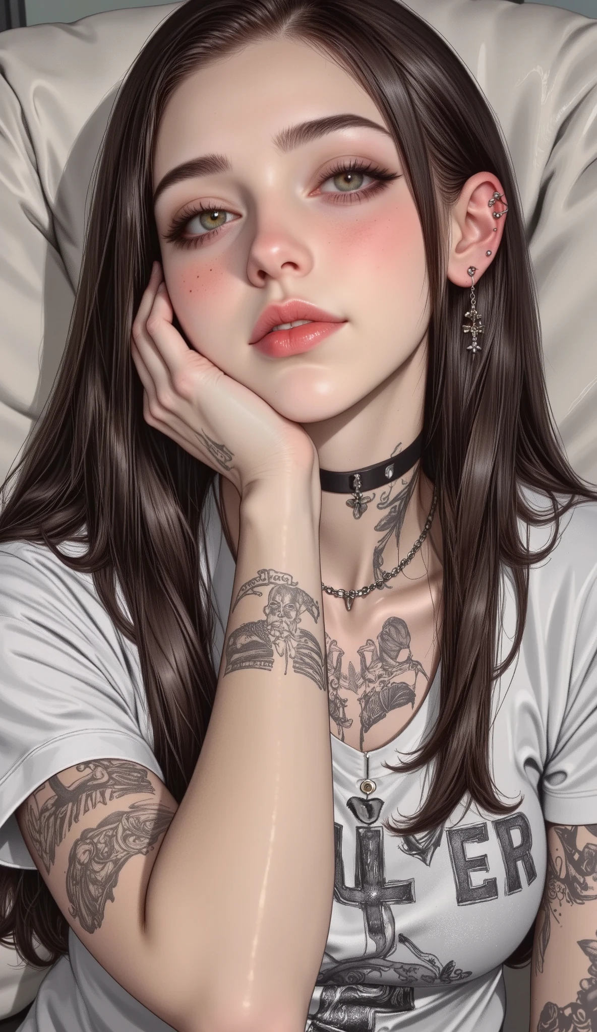 a woman with long hair that falls on her shoulders both hands on her face as if holding it and resting her elbows on her knees, white sweatshirt and tattoos sitting on a sofa , detailed and beautiful portrait, cuerpo y rostro hermosos y detallados, highly detailed portrait, Detailed portrait of an anime girl , 🤤 portrait of a girl, nice detailed art, Detailed woman, extremely Detailed woman, Detailed illustration of portrait , Beautiful drawing style , extremely detailed portrait , with long hair and piercing eyes , tattoo style