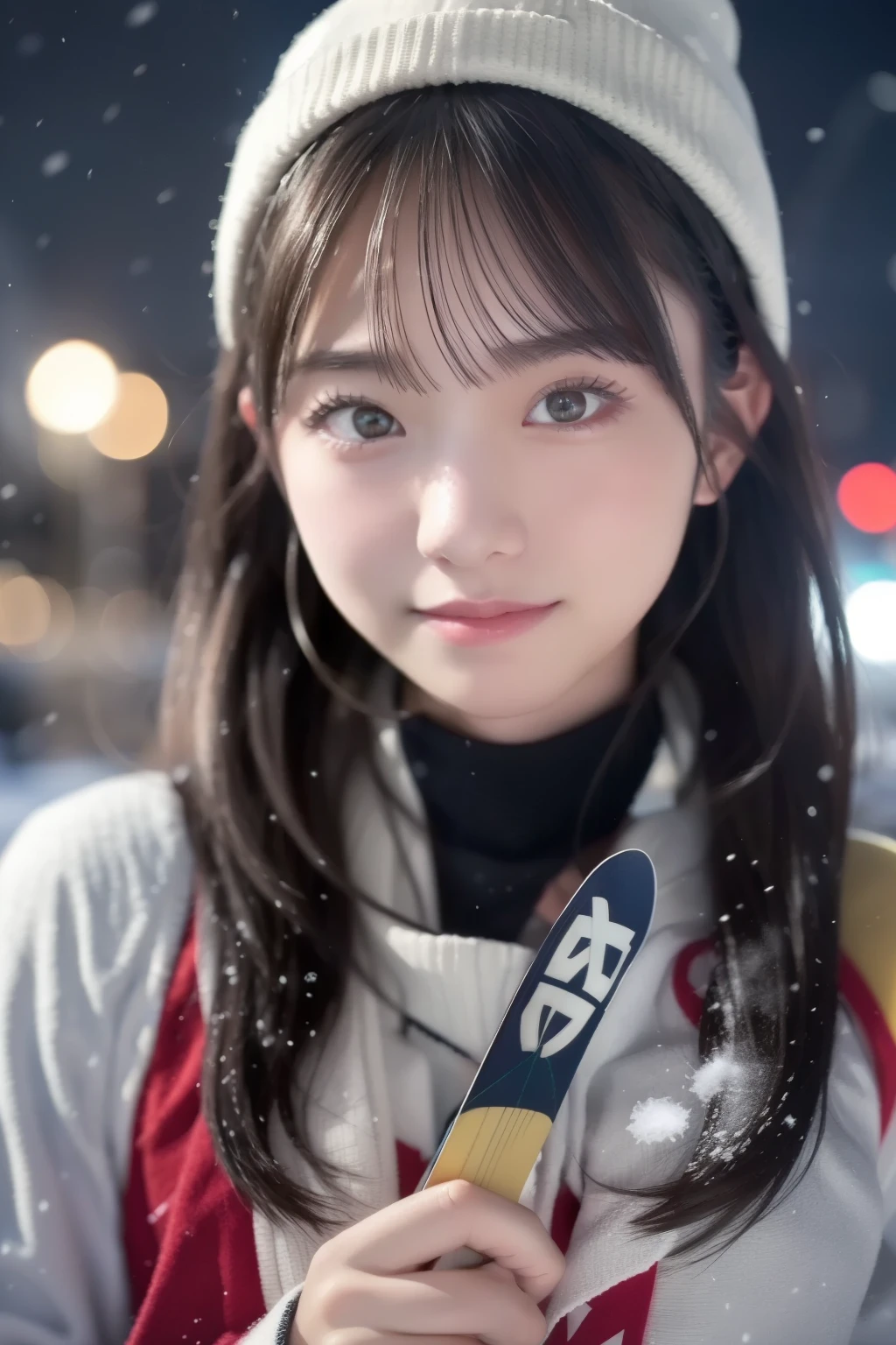     in the seat, (Wear ski wear:1.2), (    in a loop   ,    Don't Wear the Best Quality  ), ( exist,     photorealistic   :1.4),  Masterpiece, ((    Knee-length shots    )),     so delicate and beautiful,  非常に  Detailsなアウトドア  , 2k wallpaper,  wonderful,     Details,    高度に  DetailsなCG Unity 8Kの壁紙  ,   超  Details,     high resolution, Soft light,      背の高い青いトレンチコートを着た美しい Detailsな女の子  ,       Capture Extremely Sophisticated Eyes and Faces     ,   美しい  Detailsな鼻,   美しい  Detailsな目,       Cinematic Lights Capture Her Body    ,     Lights That Color the City on a Snowy Night     ,     Snow Scenery    ,     It's Snowing    , There&#39;Snow in your hair ,     perfect anatomy in pool water,     slender body, I was nervous., 
        straight semi-long hair        , bangs,   viewer, smile