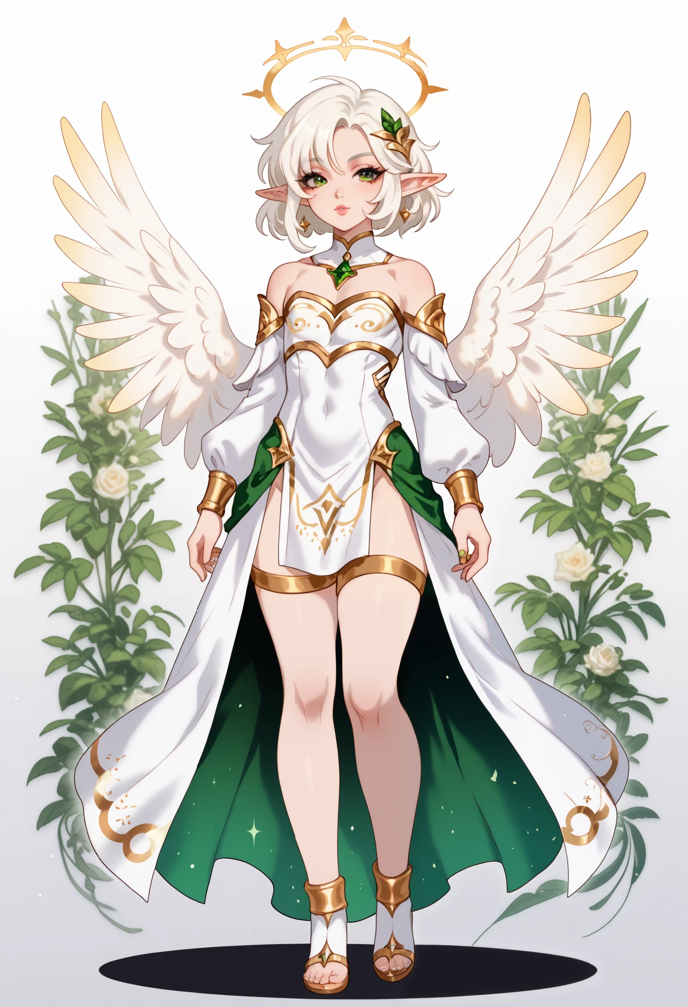 anime - style image of a woman with white hair and green eyes, she has elf ears and gold eyes, [ character design ], character adoptable, delicate androgynous prince, full body adoptable, pale pointed ears, detailed fanart, fullbody commission for, male with halo, beautiful androgynous prince, white haired deity, long pointy ears, loish and wlop, anime - style image of a woman with white hair and green eyes, a character portrait by Shitao, pixiv, rococo, she has elf ears and gold eyes, [ character design ], character adoptable, delicate androgynous prince, full body adoptable, pale pointed ears, detailed fanart, fullbody commission for, male with halo, beautiful androgynous prince