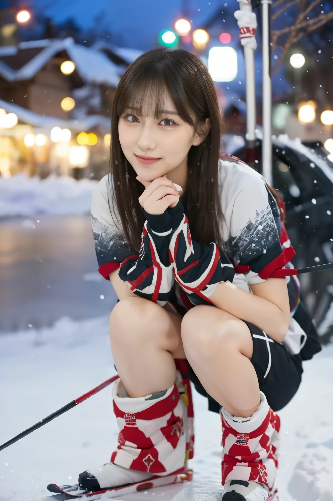     in the seat, (Wear ski wear:1.2), (    in a loop   ,    Don't Wear the Best Quality  ), ( exist,     photorealistic   :1.4),  Masterpiece, ((    Knee-length shots    )),     so delicate and beautiful,  非常に  Detailsなアウトドア  , 2k wallpaper,  wonderful,     Details,    高度に  DetailsなCG Unity 8Kの壁紙  ,   超  Details,     high resolution, Soft light,      背の高い青いトレンチコートを着た美しい Detailsな女の子  ,       Capture Extremely Sophisticated Eyes and Faces     ,   美しい  Detailsな鼻,   美しい  Detailsな目,       Cinematic Lights Capture Her Body    ,     Lights That Color the City on a Snowy Night     ,     Snow Scenery    ,     It's Snowing    , There&#39;Snow in your hair ,     perfect anatomy in pool water,     slender body, I was nervous., 
        straight semi-long hair        , bangs,   viewer, smile