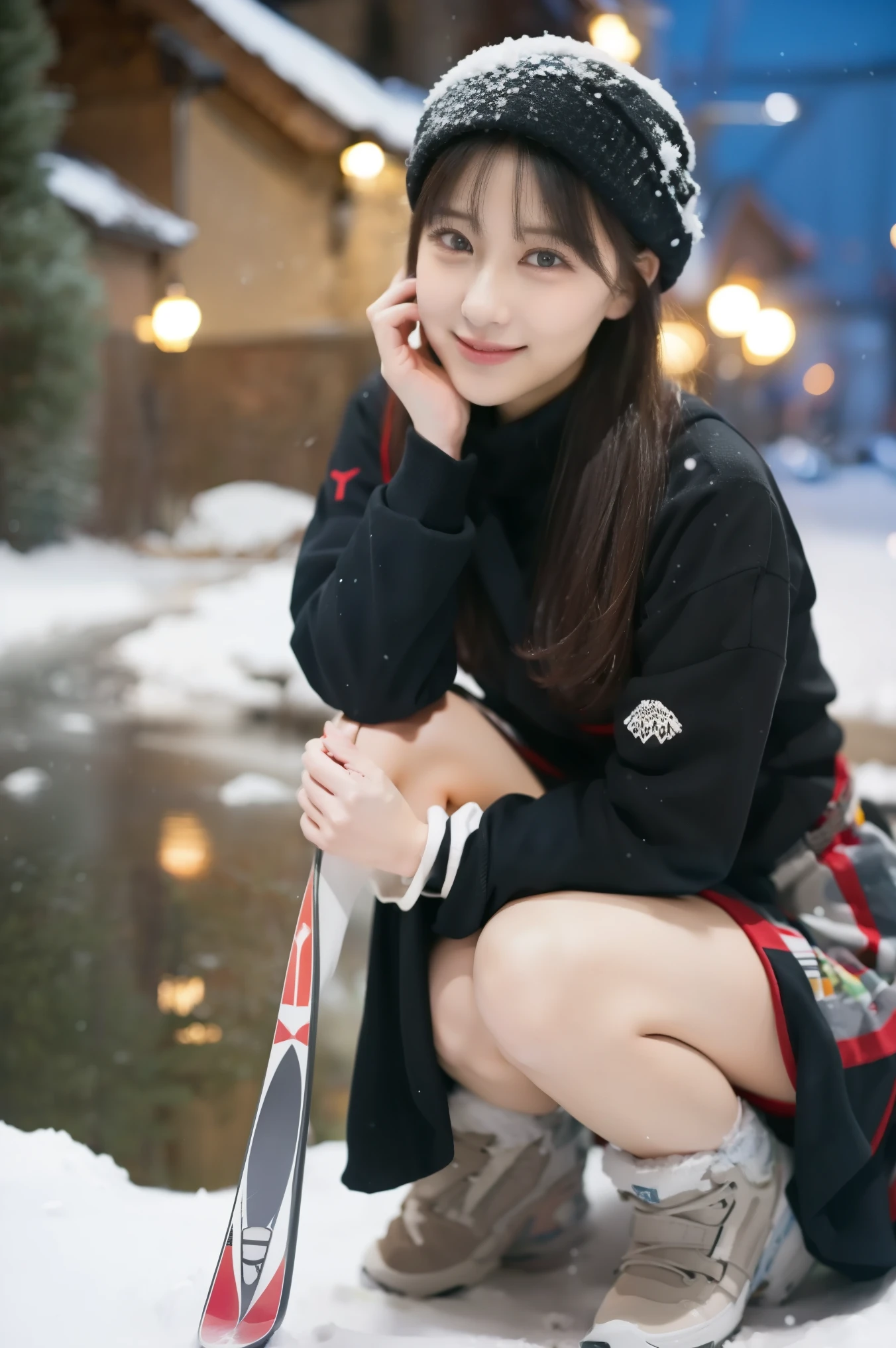 in the seat, (Wear ski wear:1.2), ( in a loop , Don't Wear the Best Quality ), ( exist, photorealistic :1.4), Masterpiece, (( Knee-length shots )), so delicate and beautiful, 非常に Detailsなアウトドア , 2k wallpaper, wonderful, Details, 高度に DetailsなCG Unity 8Kの壁紙 , 超 Details, high resolution, Soft light, 背の高い青いトレンチコートを着た美しい Detailsな女の子 , Capture Extremely Sophisticated Eyes and Faces , 美しい Detailsな鼻, 美しい Detailsな目, Cinematic Lights Capture Her Body , Lights That Color the City on a Snowy Night , Snow Scenery , It's Snowing , There'Snow in your hair , perfect anatomy in pool water, slender body, I was nervous.,
straight semi-long hair , bangs, viewer, smile