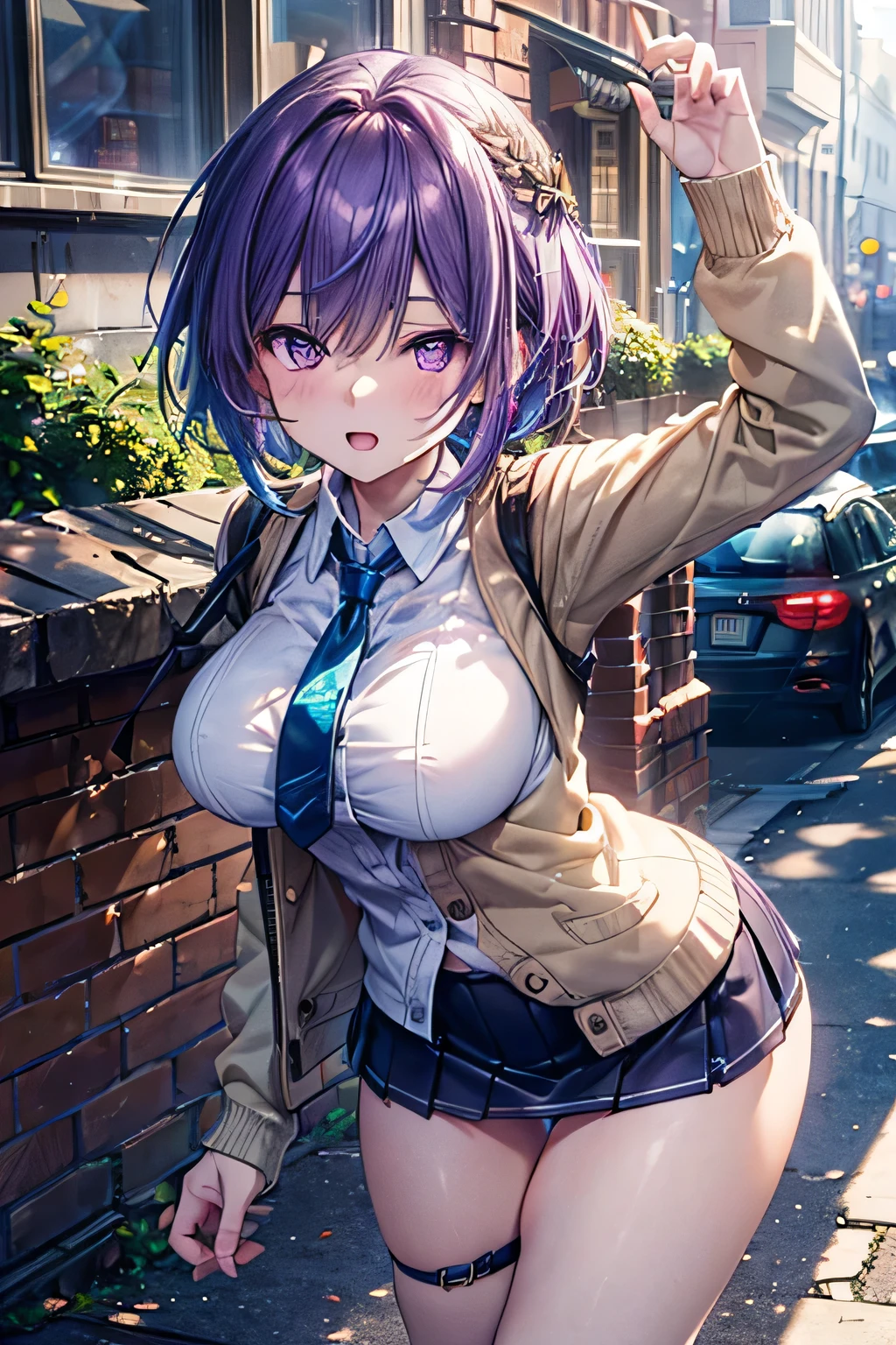 ( very detailed CG Unity 8k wallpaper),( Masterpiece), ( top quality), ( very detailed), ( best illustrations),( best shadow), big breasts,,purple eyes and very short purple hair,, white blouse, A Young Man Wearing a Blue Tie , check mini skirt( Please Lower Your Pants ), beige cardigan, Dynamic Angles