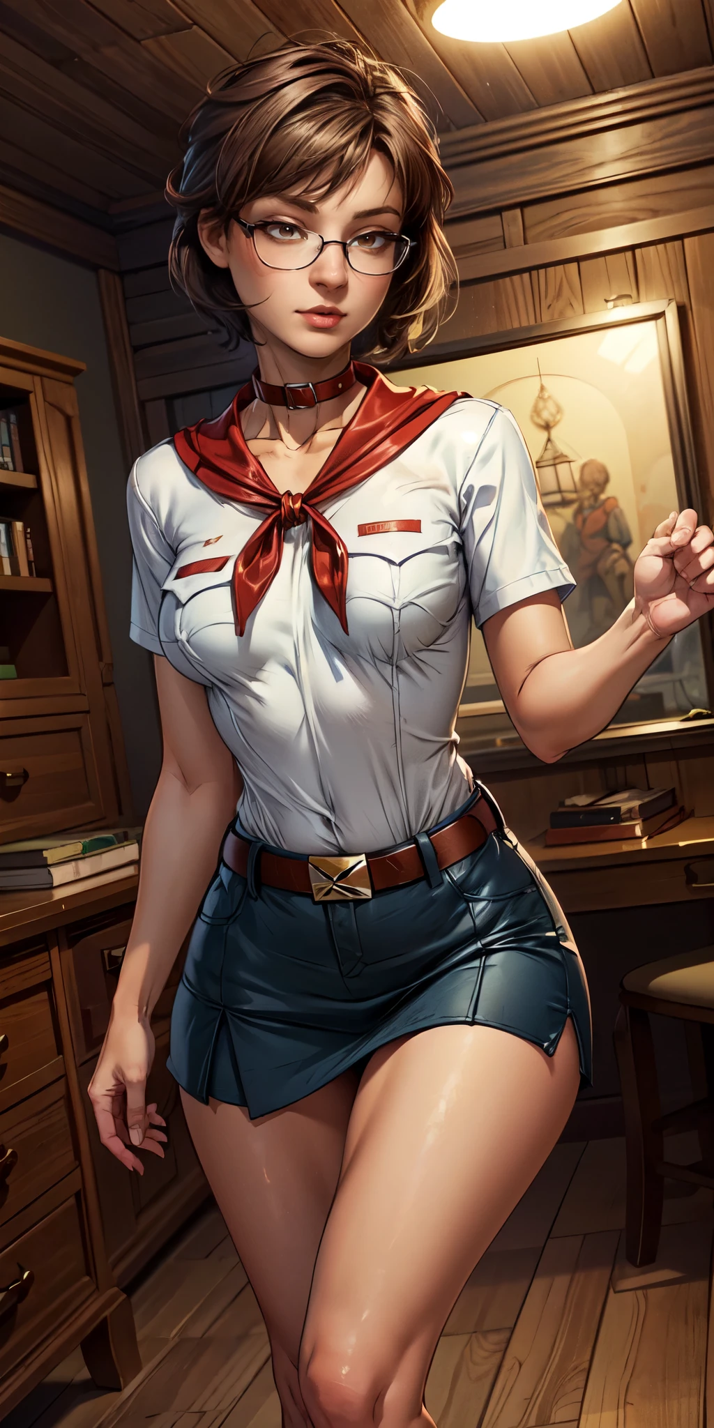 detailed eyes , ( full length shot :1.2), 8 k, (subtle body:1.2), curved, ( hands behind :1.2), seductive pose , ( looks at the viewer, 8 k vector photography, Young girl, beautiful eyes, realistic lighting , detailed outfit, Realistic facial features , Hyperdetail , (perfect angle, focus on face, hips and chest )), ( very short hair :1.3), short disheveled hair, middle breasts, pioneer tie , micro blue tight skirt , chelka, clavicle, very tight white shirt , short sleeves , shirt with collar, belt, eyelashes, red neckerchief, chest pocket , resembles a sex doll , marjoram, dark blue hair , yellow eyes, glasses