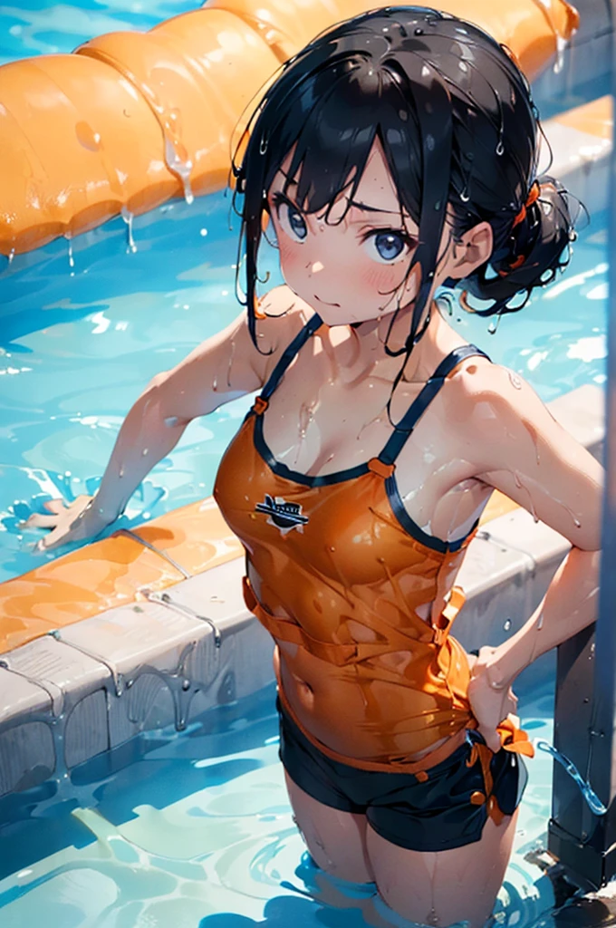 masterpiece,highest quality,real,(((all fours pose))),swimsuit((Super soaked,(navy blue mini skirt,(Orange camisole)))),(Large bath with slimy lotion),((((((ぬるぬるローションでSuper soaked)))))),
