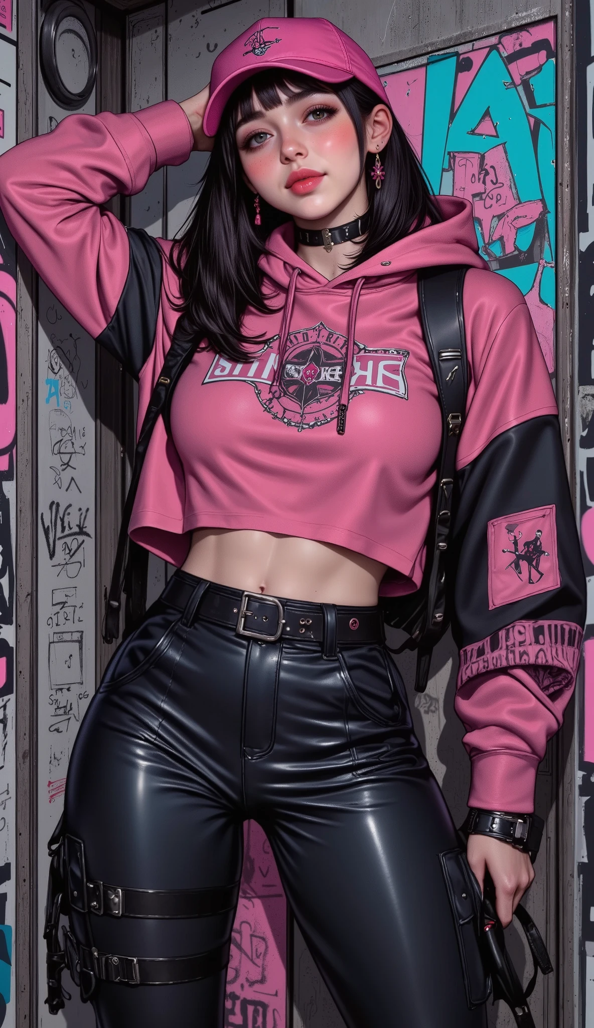 flat great general full body from head to toe, centered image, Sakura arafed woman with loose jacket with pockets and pink hood and wide black pants with pockets and long belts drawings wears a cap with a pink visor and the Nike brand, standing in front of a graffiti of typographies , fun and sensual dynamic pose smiling at the camera :1.4, cyberpunk urban clothing, wearing cyberpunk urban clothing, cyberpunk style, fashion illustration cypherpunk , in cyberpunk style, cyberpunk style color, cyberpunk style outfit, cyberpunk costume, hyper-realistic cyberpunk style, Pink Vibration, wearing Japanese technological clothing , cyberpunk style, muted cyberpunk style, rossdraws vibrant cartoons