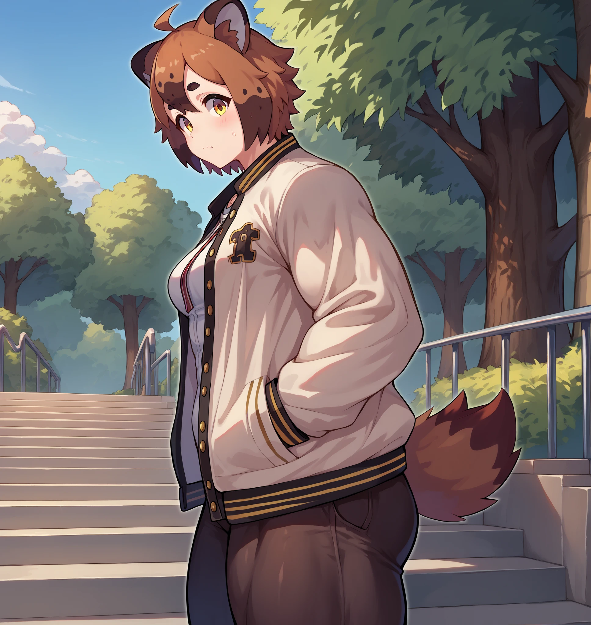 score_9, score_8_up, score_7_up, BREAK 1girl, solo, tanukiwers, raccoon girl, animal ears, raccoon tail, yellow eyes, short hair, ahoge, multicolored hair, medium breasts, <lora:TanukiWersmanPDXL_V1-Manityro-CAME:1.0>,
letterman jacket, open jacket, white shirt, black pants, yoga pants, sneakers, white socks,
looking at viewer, smile, toned,
outdoors, summer, stairs, sitting, dutch angle,