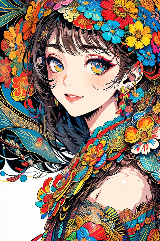(masterpiece, top quality, best quality, official art, beautiful and aesthetic:1.2), (1girl:1.3), extremely detailed,(fractal art:1.1),(colorful:1.1)(flowers:1.3),highest detailed,(zentangle:1.2), (dynamic pose), (abstract background:1.3), (many colors:1.4), ,(earrings), (feathers:1.5)