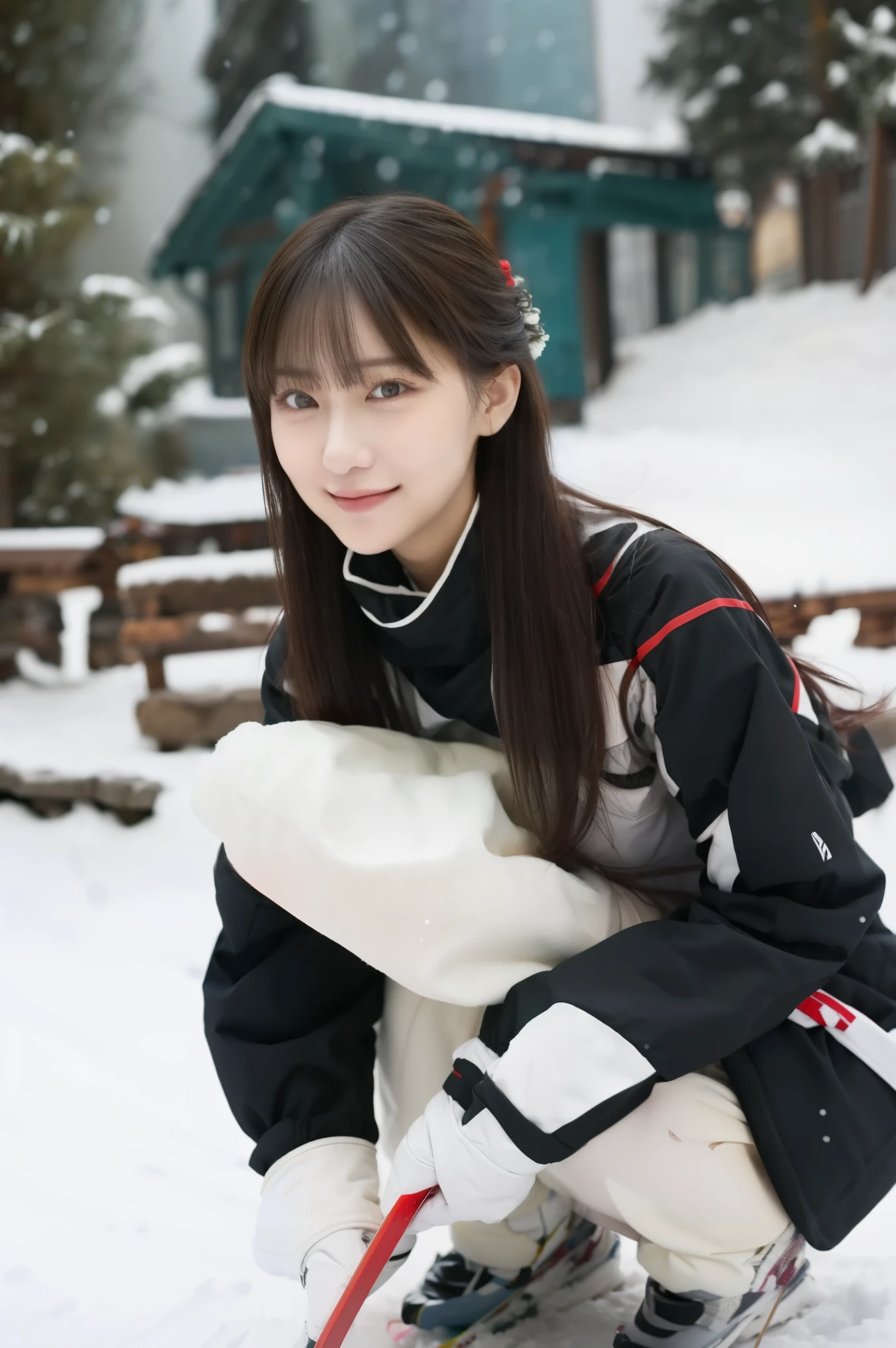 in the seat, (Wear ski wear:1.2), ( in a loop , Don't Wear the Best Quality ), ( exist, photorealistic :1.4), Masterpiece, (( Knee-length shots )), so delicate and beautiful, 非常に Detailsなアウトドア , 2k wallpaper, wonderful, Details, 高度に DetailsなCG Unity 8Kの壁紙 , 超 Details, high resolution, Soft light, 背の高い青いトレンチコートを着た美しい Detailsな女の子 , Capture Extremely Sophisticated Eyes and Faces , 美しい Detailsな鼻, 美しい Detailsな目, Cinematic Lights Capture Her Body , Lights That Color the City on a Snowy Night , Snow Scenery , It's Snowing , There'Snow in your hair , perfect anatomy in pool water, slender body, I was nervous.,
straight semi-long hair , bangs, viewer, smile