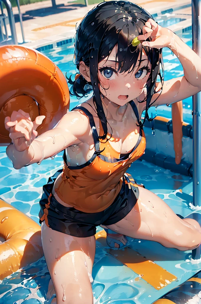 (Soaked with slimy liquid:1.6),Orange swimsuit(((Orange camisole)),Navy blue piping),(Navy blue shorts),Black Hair,(A pool of slimy liquid:1.2),(Leaning forward pose:1.6),