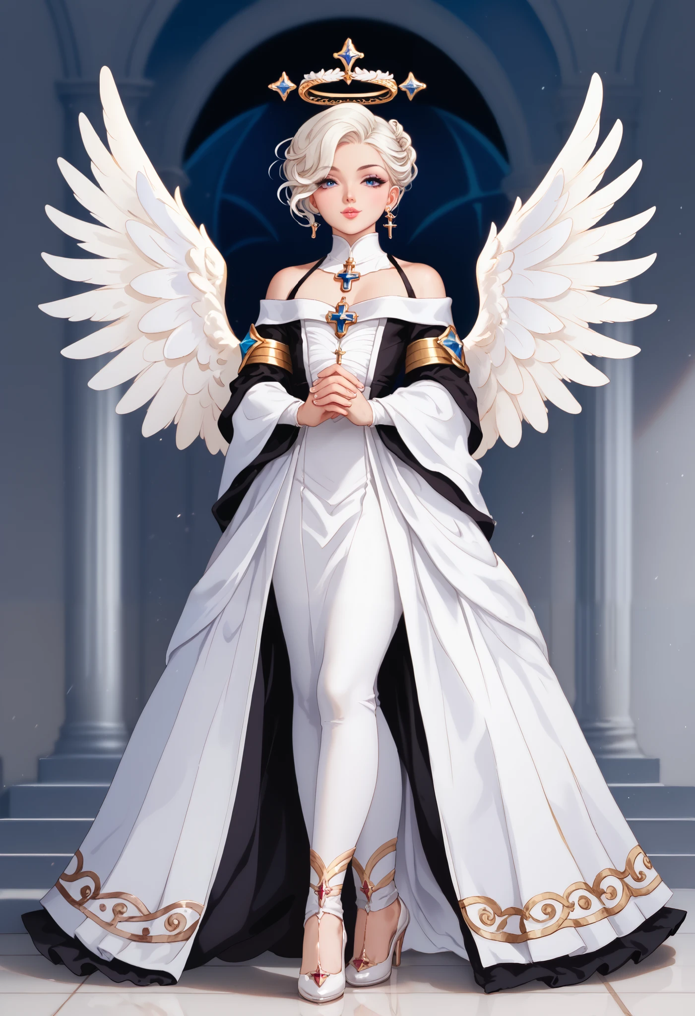 anime character of a woman with white hair and angel wings, fullbody commission for, delicate androgynous prince, detailed fanart, dressed like a cleric, white haired deity, ((wearing aristocrat robe)), angel themed, [ character design ], full - body majestic angel, angel-themed, full body portrait of a short!, beautiful androgynous prince, anime character of a woman with white hair and angel wings, a character portrait inspired by Li Chevalier, trending on pixiv, rococo, fullbody commission for, delicate androgynous prince, detailed fanart, dressed like a cleric, white haired deity, ((wearing aristocrat robe)), angel themed, [ character design ], angel-themed