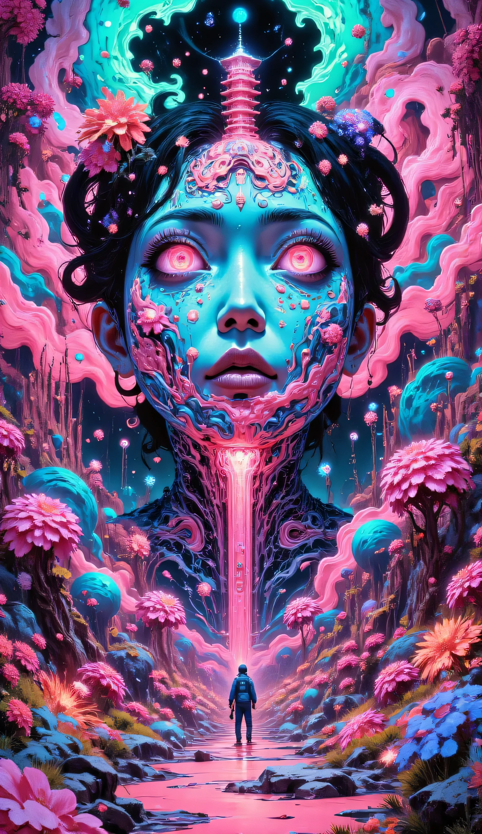NSFW, (((unrealistic nightmare, Colorful, Fluffy, Abstract, Masterpiece))), Surreal landscape, Distorted shapes, Pastel colors, Dreamlike, Molten textures, Swirling patterns, Inconsistent perspective, Unnatural proportions, (Detailed, Unsettling), High contrast, Ethereal atmosphere, Vibrant hues, (Uncanny, dreamscape), (Nightmare scene), surrealistic, (1.0), Unrestrained imagination, Incoherent thoughts, Bizarre scenarios, Distorted emotions, (Intense, hallucination), Transformative, (0.5), Unpredictable, Whimsical, Episodic. 16k, a painting of a pagoda in the evening, in the style of graphic design-inspired illustrations, circular shapes detailed botanical illustrations, light cyan and orange can't believe how beautiful this is, mythological influences, chinapunk high quality, Super detailed, Super exquisite, 8k, Paper-cut art,architecture,masterpiece,high quality,Super detailed,Super exquisite,8k, ((perfect face of cyberpunk mecha japanese girl)),