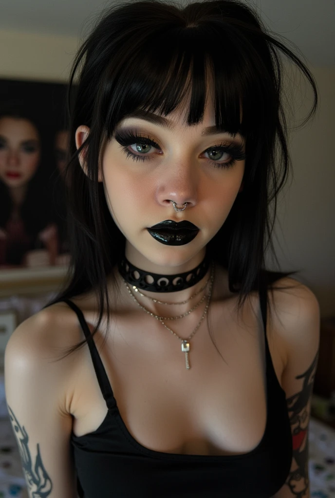 A woman in a black corset posing for a photo,lleva gargantilla, cara sexy con maquillaje completo, pelo negro, esta mirando a la camara, eyeliner pesado, mirada fea, con ojos negros, with pale skin, ,(piel alta y detallada:1.2),8k UHD, DSLR, Soft lighting, alta calidad, Film grain, Fujifilm XT3