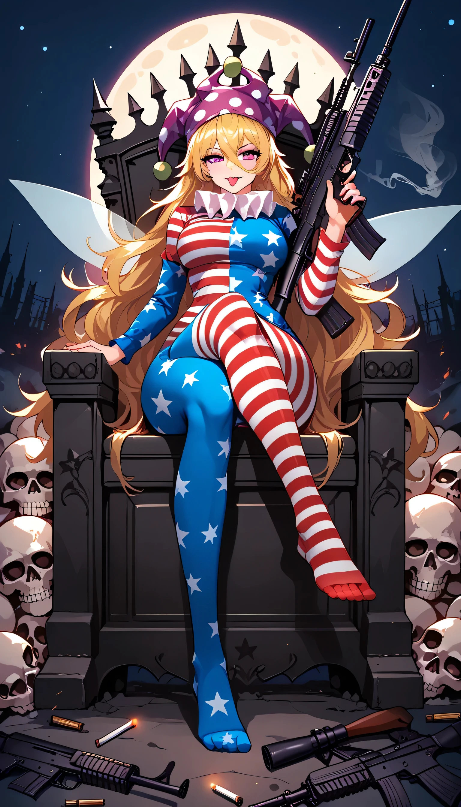 score_9, score_8_up, score_8, large breasts, (curvy), zzClwnpc, looking at viewer, long sleeves, hat, dress, hair between eyes, sitting, very long hair, purple eyes, full body, weapon, pantyhose, wings, tongue, striped, tongue out, pink eyes, star (symbol), gun, no shoes, crossed legs, polka dot, rifle, skull, fairy wings, assault rifle, star print, jester cap, machine gun, american flag legwear, american flag, american flag dress, neck ruff, m4 carbine, kalashnikov rifle, guns, throne, 
zPDXL, Expressiveh
concept art
dark theme,Cigarettes, smoking,moon, night