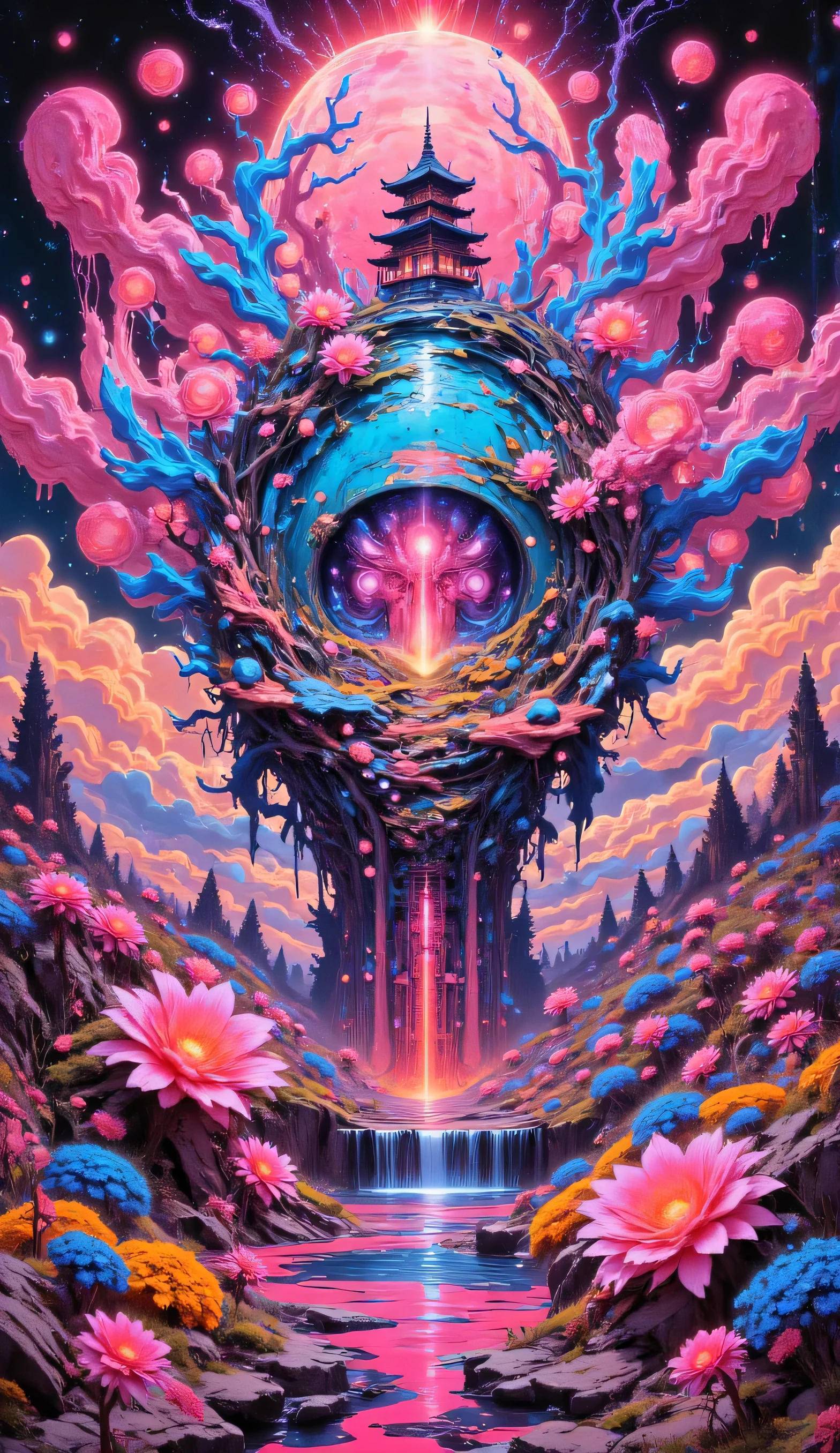 NSFW, (((unrealistic nightmare, Colorful, Fluffy, Abstract, Masterpiece))), Surreal landscape, Distorted shapes, Pastel colors, Dreamlike, Molten textures, Swirling patterns, Inconsistent perspective, Unnatural proportions, (Detailed, Unsettling), High contrast, Ethereal atmosphere, Vibrant hues, (Uncanny, dreamscape), (Nightmare scene), surrealistic, (1.0), Unrestrained imagination, Incoherent thoughts, Bizarre scenarios, Distorted emotions, (Intense, hallucination), Transformative, (0.5), Unpredictable, Whimsical, Episodic. 16k, a painting of a pagoda in the evening, in the style of graphic design-inspired illustrations, circular shapes detailed botanical illustrations, light cyan and orange can't believe how beautiful this is, mythological influences, chinapunk high quality, Super detailed, Super exquisite, 8k, Paper-cut art,architecture,masterpiece,high quality,Super detailed,Super exquisite,8k, ((perfect face of cyberpunk mecha japanese girl)),