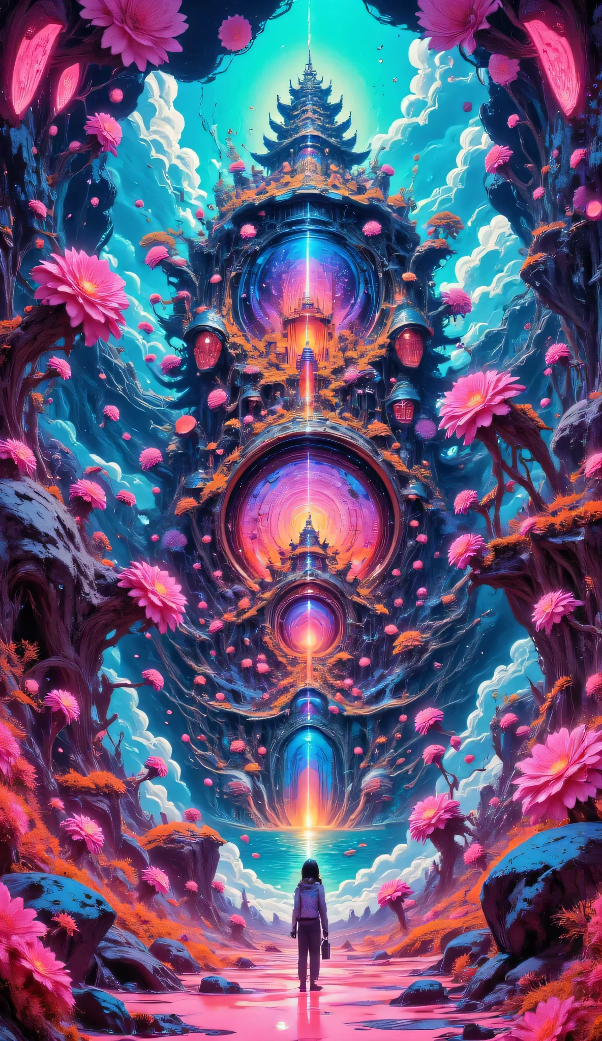 NSFW, (((unrealistic nightmare, Colorful, Fluffy, Abstract, Masterpiece))), Surreal landscape, Distorted shapes, Pastel colors, Dreamlike, Molten textures, Swirling patterns, Inconsistent perspective, Unnatural proportions, (Detailed, Unsettling), High contrast, Ethereal atmosphere, Vibrant hues, (Uncanny, dreamscape), (Nightmare scene), surrealistic, (1.0), Unrestrained imagination, Incoherent thoughts, Bizarre scenarios, Distorted emotions, (Intense, hallucination), Transformative, (0.5), Unpredictable, Whimsical, Episodic. 16k, a painting of a pagoda in the evening, in the style of graphic design-inspired illustrations, circular shapes detailed botanical illustrations, light cyan and orange can't believe how beautiful this is, mythological influences, chinapunk high quality, Super detailed, Super exquisite, 8k, Paper-cut art,architecture,masterpiece,high quality,Super detailed,Super exquisite,8k, ((perfect face of cyberpunk mecha japanese girl)),