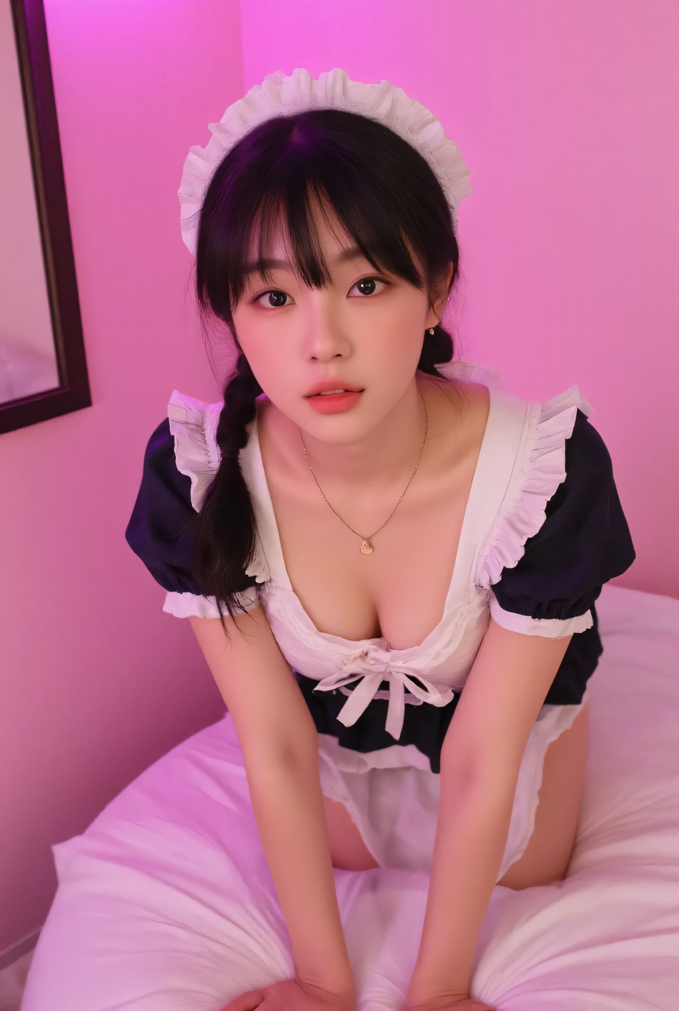 ((top quality)), ((masterpiece)), (Details),one Japanese girl, age 18,japanese idol face,droopy eyes,smile ,open mouth,look at me , black tying hair, white skin ,french maid costume,ribbon accents,cleavage, small gold earrings,small gold necklace,(accurate anatomy:1.3),crouching pose on round bed,faceshot,neon pink light,mirror on the wall,