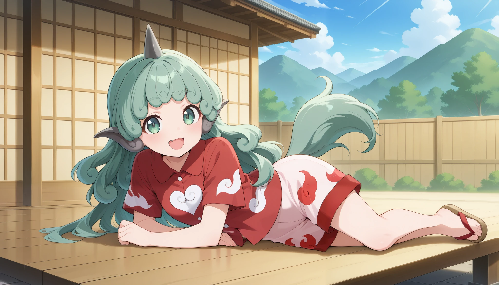 absurdres, highres, masterpiece, best quality, amazing quality, official anime artwork, screencap, anime screencap, outdoors, looking at viewer, open mouth, smile,
komano aunn, 1girl, solo, green eyes, green hair, curly hair, komainu ears, long hair, single horn, tail,, red shirt, red shorts, cloud print, wood sandals, laid down on her stomach