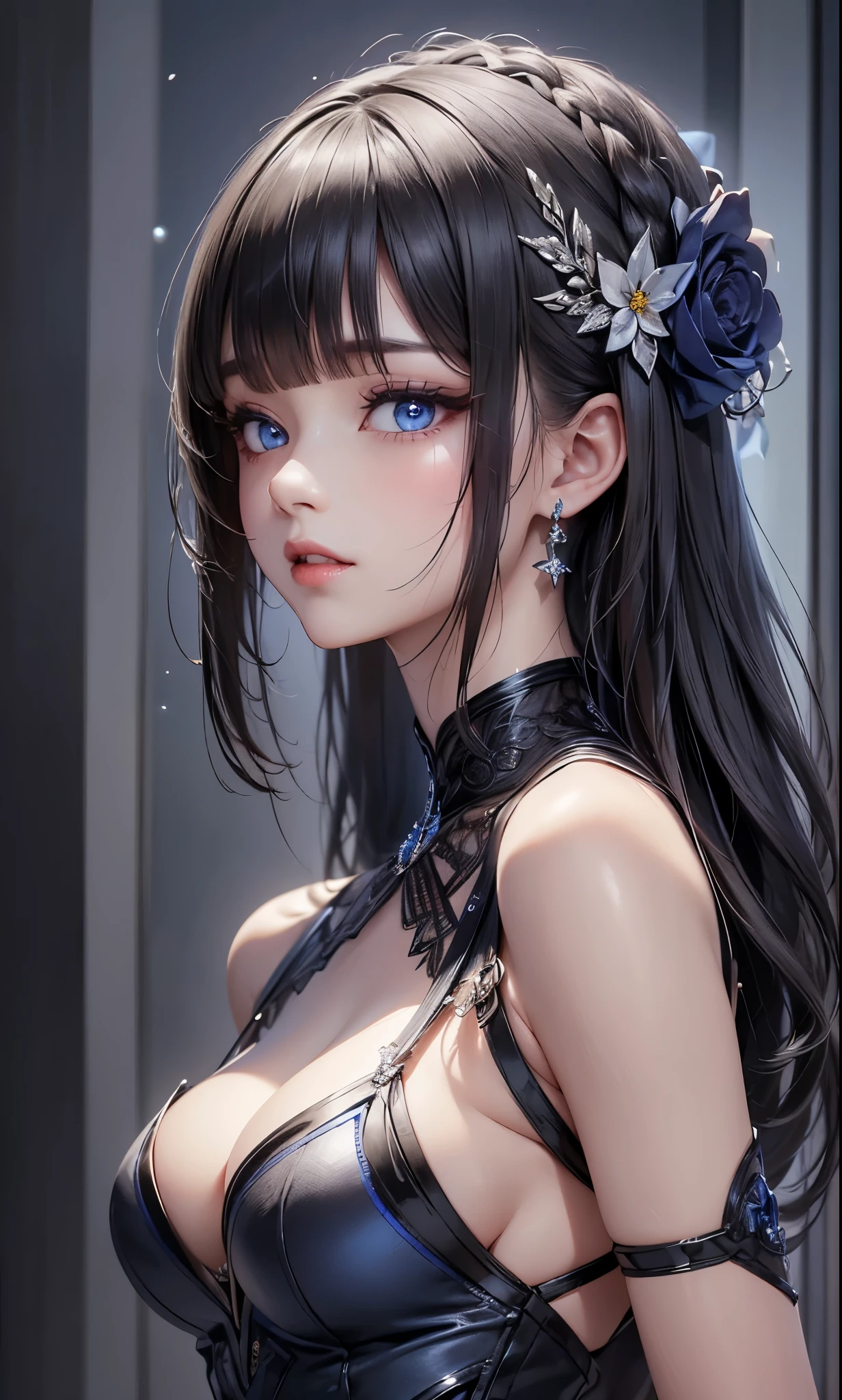 masterpiece, best quality, ultra-detailed, facing the camera head on, intricately detailed hyperdetailed, realistic, sharp features, highly detailed, sharp focus, perfect face, perfect face, perfect symmetrically perfect eyes, perfect full lips, flexible female form, cinematic, film light, hyper detailed, hyper realistic, masterpiece, atmospheric, high resolution, vibrant, dynamic studio lighting, ((Dark background)), Facial expressions when receiving pleasure, straight Bangs, blue Eyes,black dress, posing, ((from side)), hip
