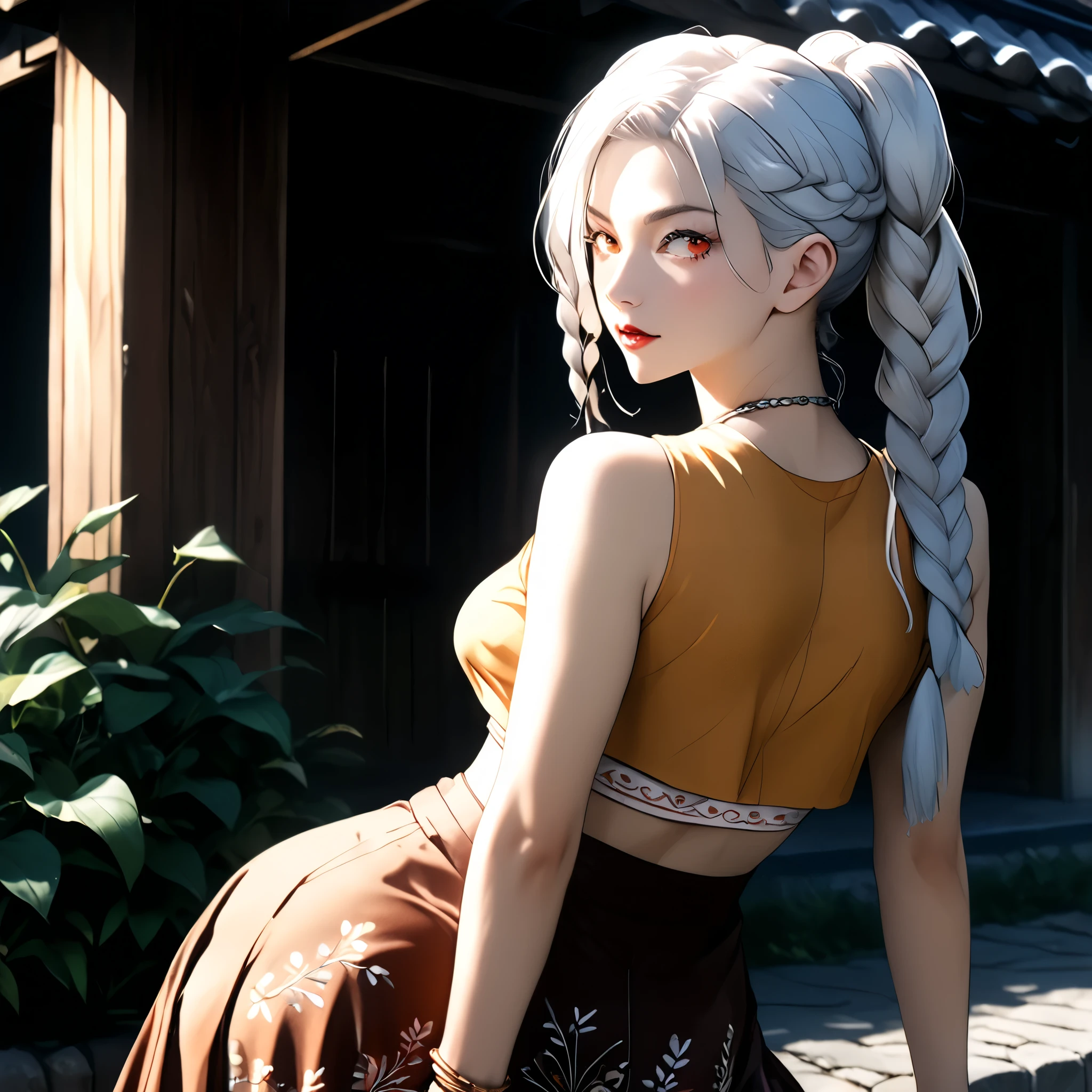 (beautiful girl:1.3),1girl,masterpiece,Highest quality,Ultra-high resolution,rich contrast,super high quality,8k,Highly detailed CG unit wallpaper,texture,Incredibly absurd,Ultra-high resolution,Highest quality anime,professional photograph,an extremely delicate and beautiful,RAW Photos,Depth of Field 1.2,ultra-detailed eyes,Glitter Effect,Beautiful glossy lips, 25years old, gorgeous legs, noise perfect, gorgeous ass, dynamic pose, sensual woman, seductive woman, mature woman, Milf, maternal, shy look, full body, (type of photo: medium shot, portraying the person from head to waist), Mei Mei jujutsu kaisen, meimeijjklong hair,white hair,braid,hair over one eye,ponytail, MEI MEI– Jujutsu Kaisen, Boho Set (Adventure and Freedom): Top: Sleeveless linen blouse in terracotta tone with floral embroidery in white thread, with a "V" shaped neckline and thin straps.
Bottom: Long skirt with a wrap-around cut, with a multicolor ethnic print in warm tones (red, orange and yellow). The skirt has a lace fringe at the bottom edge.
Shoes: Brown leather sandals with thin straps and beaded details. Accessories: Wooden bracelets, silver rings and a straw bag with leather details.