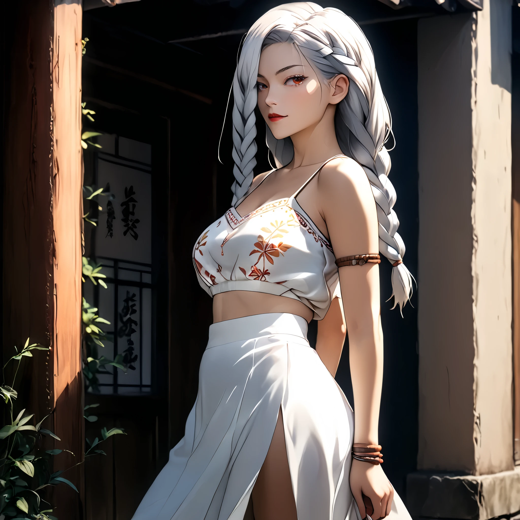 (beautiful girl:1.3),1girl,masterpiece,Highest quality,Ultra-high resolution,rich contrast,super high quality,8k,Highly detailed CG unit wallpaper,texture,Incredibly absurd,Ultra-high resolution,Highest quality anime,professional photograph,an extremely delicate and beautiful,RAW Photos,Depth of Field 1.2,ultra-detailed eyes,Glitter Effect,Beautiful glossy lips, 25years old, gorgeous legs, noise perfect, gorgeous ass, dynamic pose, sensual woman, seductive woman, mature woman, Milf, maternal, shy look, full body, (type of photo: medium shot, portraying the person from head to waist), Mei Mei jujutsu kaisen, meimeijjklong hair,white hair,braid,hair over one eye,ponytail, MEI MEI– Jujutsu Kaisen, Boho Set (Adventure and Freedom): Top: Sleeveless linen blouse in terracotta tone with floral embroidery in white thread, with a "V" shaped neckline and thin straps.
Bottom: Long skirt with a wrap-around cut, with a multicolor ethnic print in warm tones (red, orange and yellow). The skirt has a lace fringe at the bottom edge.
Shoes: Brown leather sandals with thin straps and beaded details. Accessories: Wooden bracelets, silver rings and a straw bag with leather details.