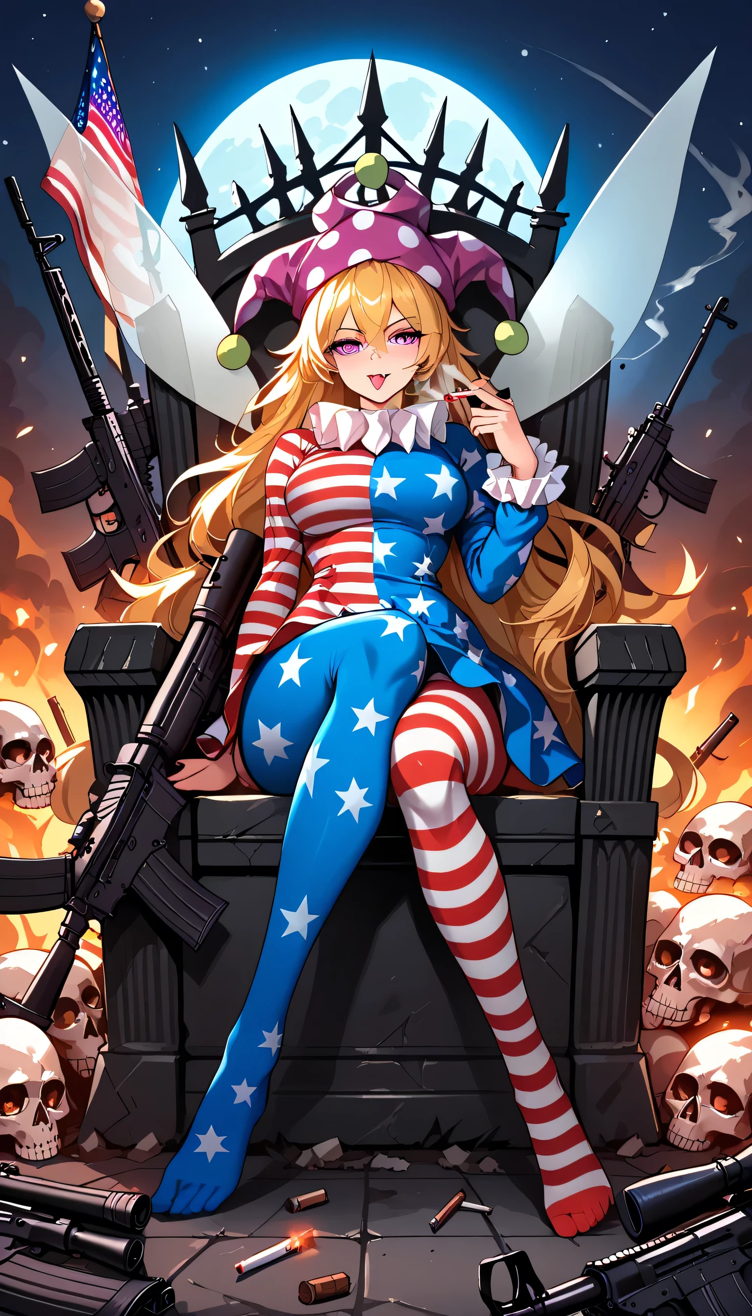 score_9, score_8_up, score_8, large breasts, (curvy), zzClwnpc, looking at viewer, long sleeves, hat, dress, hair between eyes, sitting, very long hair, purple eyes, full body, weapon, pantyhose, wings, tongue, striped, tongue out, pink eyes, star (symbol), gun, no shoes, crossed legs, polka dot, rifle, skull, fairy wings, assault rifle, star print, jester cap, machine gun, american flag legwear, american flag, american flag dress, neck ruff, m4 carbine, kalashnikov rifle, guns, throne, 
zPDXL, Expressiveh
concept art
dark theme,Cigarettes, smoking,moon, night