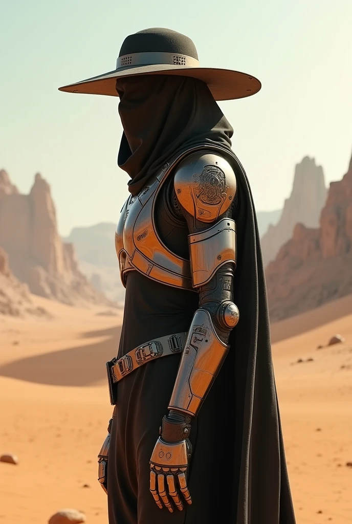 Cinematic Still, Establishing Shot, Moody Atmosphere, Rule of thirds composition, Layered Depth, Parallax Effect, Soft focus foreground, intricately detailed background,  (Bounty Hunter at Dusk on a Martian Frontier, Space Western:1.1), A woman stands tall, cloaked in a dust-worn duster with a high-tech rifle slung over her shoulder. Behind her, the twin suns of a distant planet set, casting long shadows over the red, rocky terrain of Mars. Her face is partially obscured by a wide-brimmed hat, and her eyes gleam with determination. The scene blends the desolation of the American West with the alien landscape of Mars.