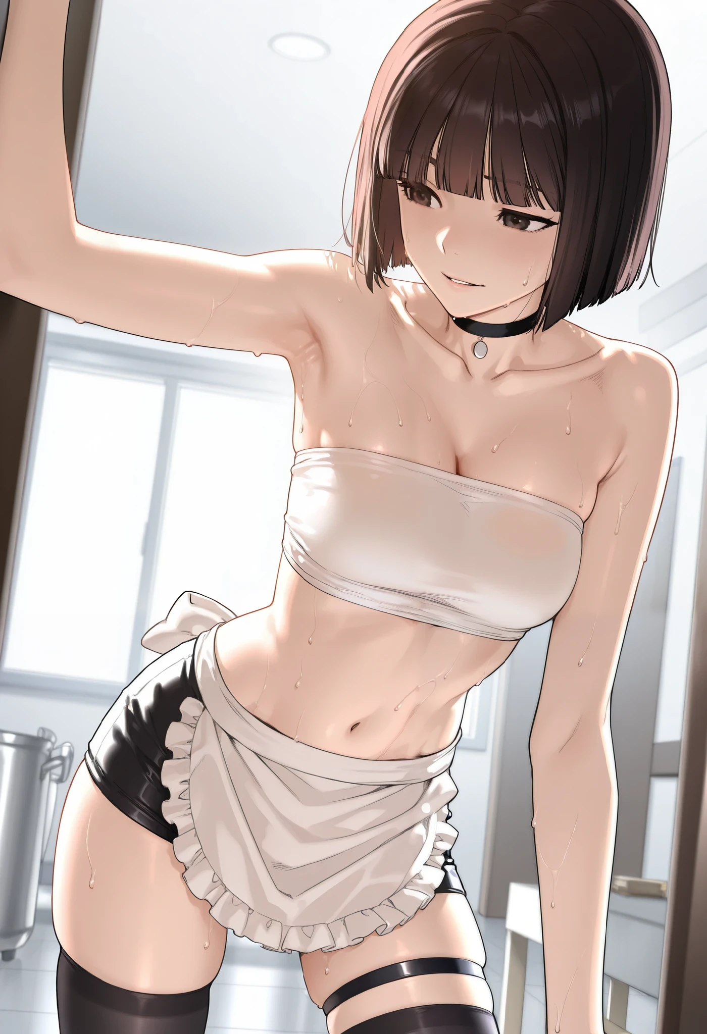 score_9, score_8_up, score_7_up, source_anime,masterpiece, best quality, very aesthetic, absurdres,1girl, solo,brown eyes, short hair, bob cut, brown hair, black hair, black eyes, blunt bangs,assertive female,hewsV1, room background, black choker, white tube top, black thighhighs, white apron, midriff, navel,collarbone,armpits, skindentation, strapless, waist apron, thigh strap, sweat