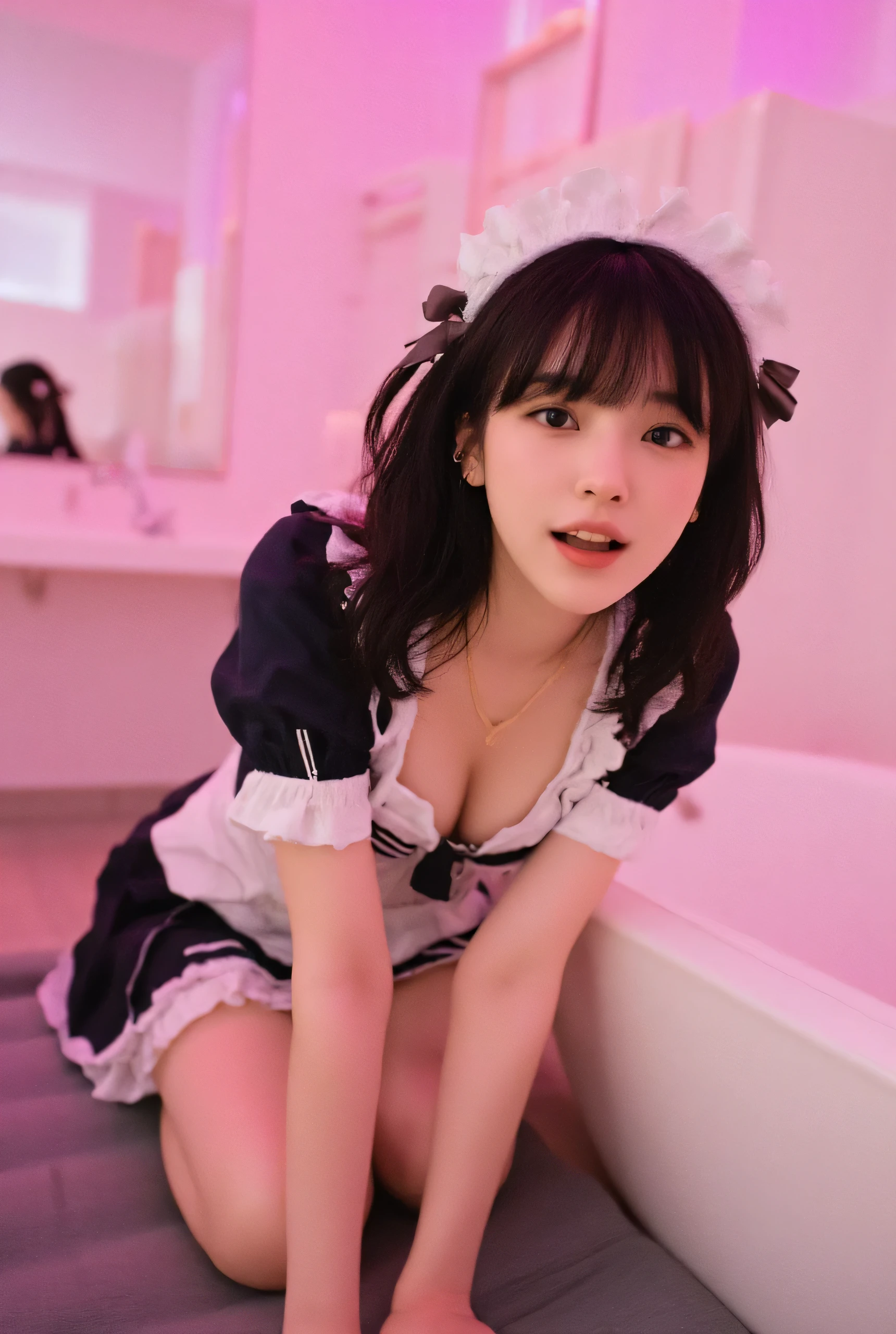 ((top quality)), ((masterpiece)), (Details),one Japanese girl, age 18,japanese idol face,droopy eyes,smile ,open mouth,look at me , black tying hair, white skin ,french maid costume,ribbon accents,cleavage, small gold earrings,small gold necklace,(accurate anatomy:1.3),crouching pose on gray air mattress,faceshot,neon pink light,large mirror on the wall,pink buthtub,