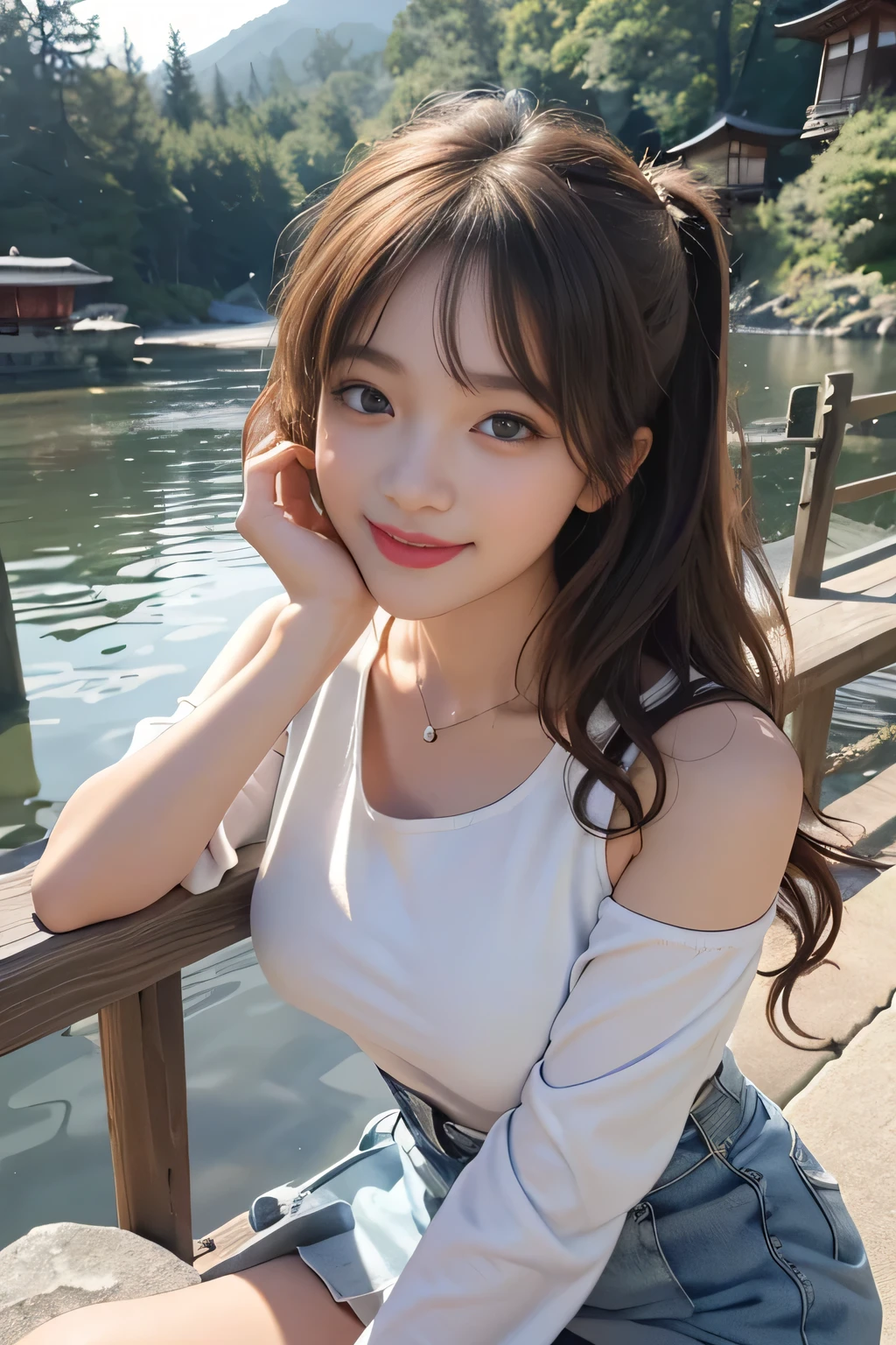 Beautiful shy Japanese girl, 18-year-old, Long brown hair, Big brown eyes, Glossy Lips, Shiny Hair, Ecstatic expression, In front of the sunset harbor scenery, The background is very blurry, She is wearing a plain white, sleeveless, strapless blouse, Wearing low-waisted denim shorts, Wearing a necklace,