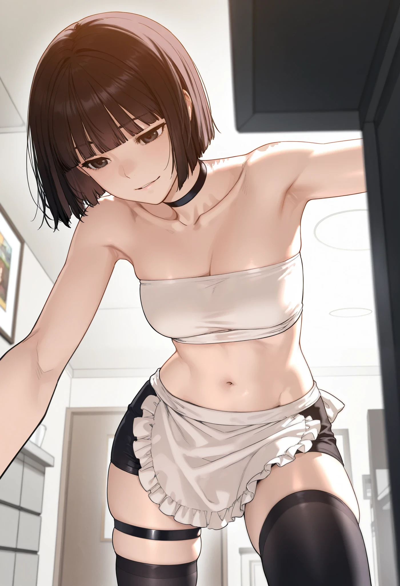 score_9, score_8_up, score_7_up, source_anime,masterpiece, best quality, very aesthetic, absurdres,1girl, solo,brown eyes, short hair, bob cut, brown hair, black hair, black eyes, blunt bangs,assertive female,hewsV1, room background, black choker, white tube top, black thighhighs, white apron, midriff, navel,collarbone,armpits, skindentation, strapless, waist apron, thigh strap,