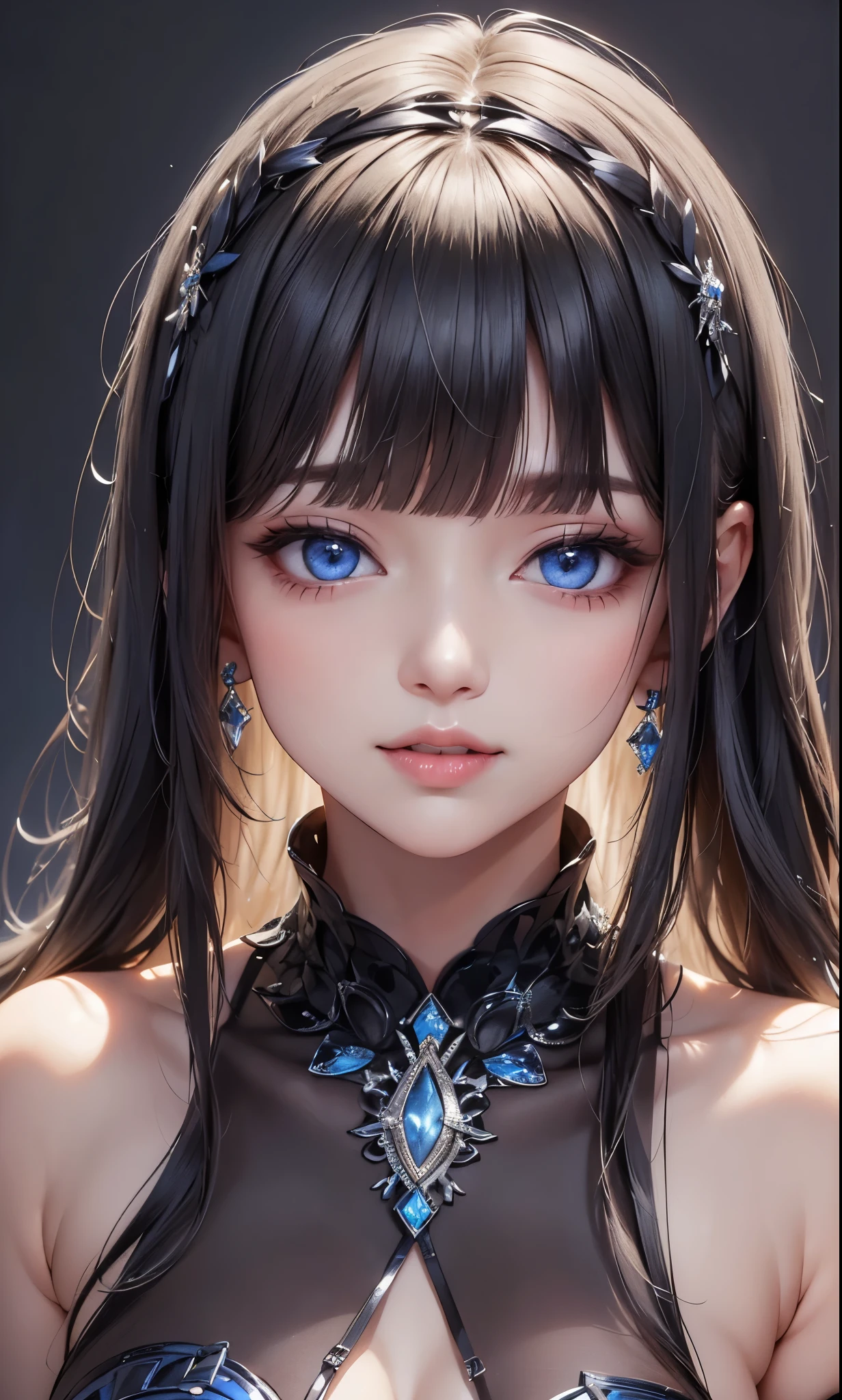 masterpiece, best quality, ultra-detailed, facing the camera head on, intricately detailed hyperdetailed, realistic, sharp features, highly detailed, sharp focus, perfect face, perfect face, perfect symmetrically perfect eyes, perfect full lips, flexible female form, cinematic, film light, hyper detailed, hyper realistic, masterpiece, atmospheric, high resolution, vibrant, dynamic studio lighting, ((Dark background)), Facial expressions when receiving pleasure, straight Bangs, blue Eyes,black dress, posing,
