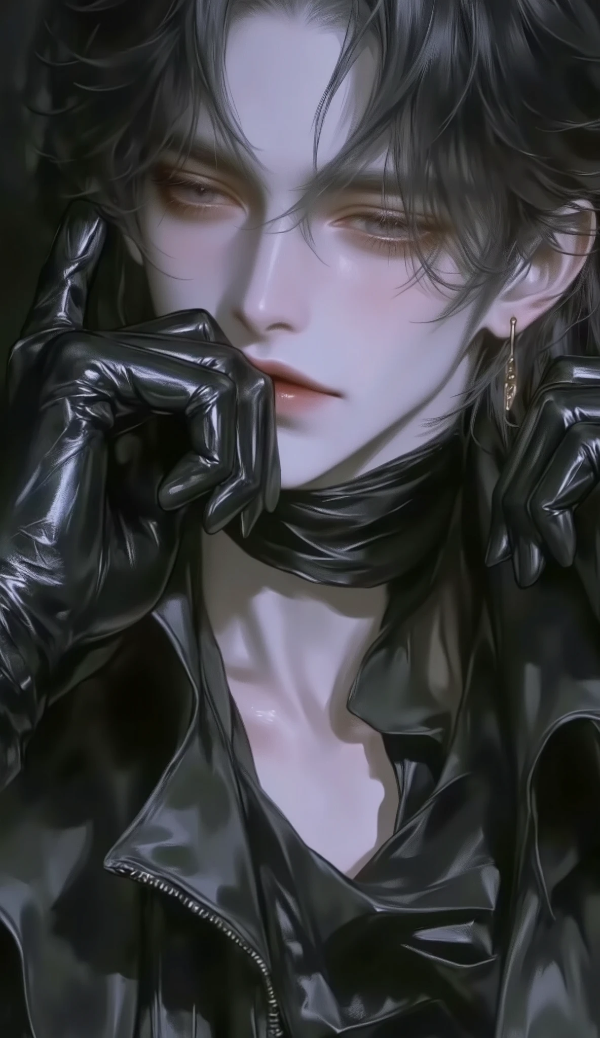 Final fantasy style and real graphics , (( Japanese young sweet and cool ikemen boy )), he is about 20 years old , thin eyebrows and small eyes , (short hair) , ((he should see everything without clothes )), (( tight black leather pants )), (( put black leather thick and thin gloves on both hands )), (( black leather glove )),(( Black leather lace-up boots )),(( should look from head to toe )),((must see everything)),, leather glove and leather pants , she has few wrinkles , Avoid showing off your underwear , zippered jacket fastner .(( you must wear a leather glove )).
Boy with whistachio-colored hair. boy looks like model .
Boy in a dim room .