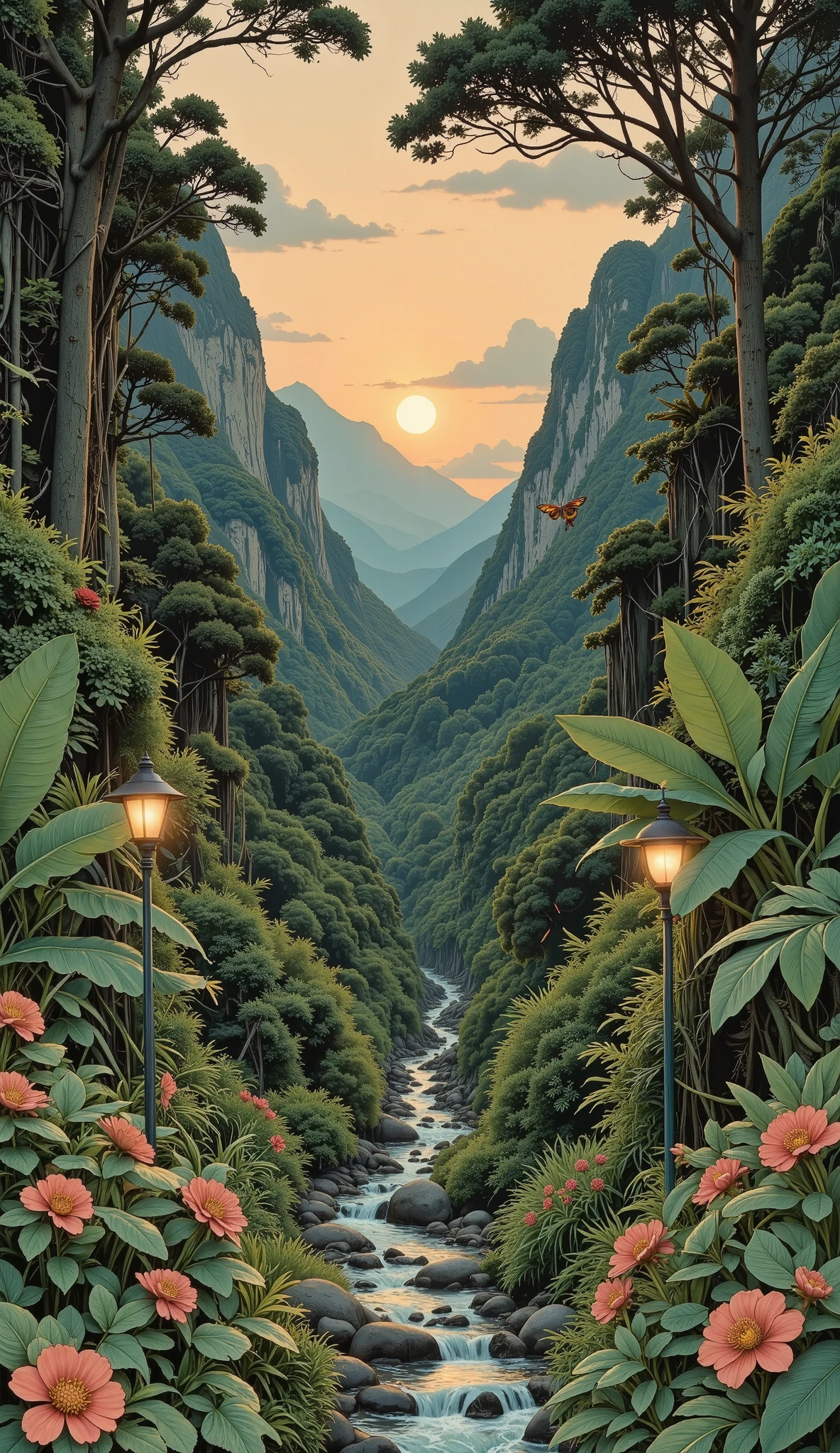Rainforest, exotic flowers exotic plants butterflies , birds, wild animals hidden among vegetation,, beautiful landscape , soft pastel oil , ( better quality ,4k,8K,highres, masterpiece :1.2), ultra-detallada ,(realistic,photorealistic,photo-realistic:1.37),al aire libre,sereno,tranquil,peaceful,idyllic,Golden hour, soft lighting ,colores apagados,warm tones,natural,atmospheric