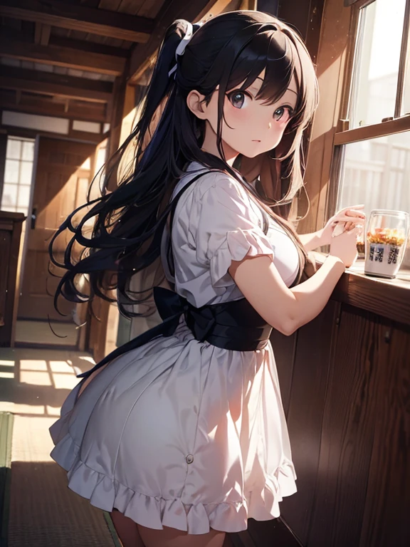 (girl1),(pretty),(Staring and with the body to the fourth wall :1.5), (Slender slim body hot), (with physical attributes like big and ass:1.5),(Long red hair that goes up to the waist and red eyes),(height 1.72 ),(Super mega beautiful and sensual),(wearing) , +,(\dressed as a maid, and maid's outfit and super revealing on the back, I lowered the short skirt a lot, showing her legs, and a little of her panties, and the part of the apron at the back of the skirt is very low, showing her delicious buttocks, and over the maid uniform it looks like a very short and sexual bra, and she has an ass big and super big breasts, she is super busty and has very big buttocks)/