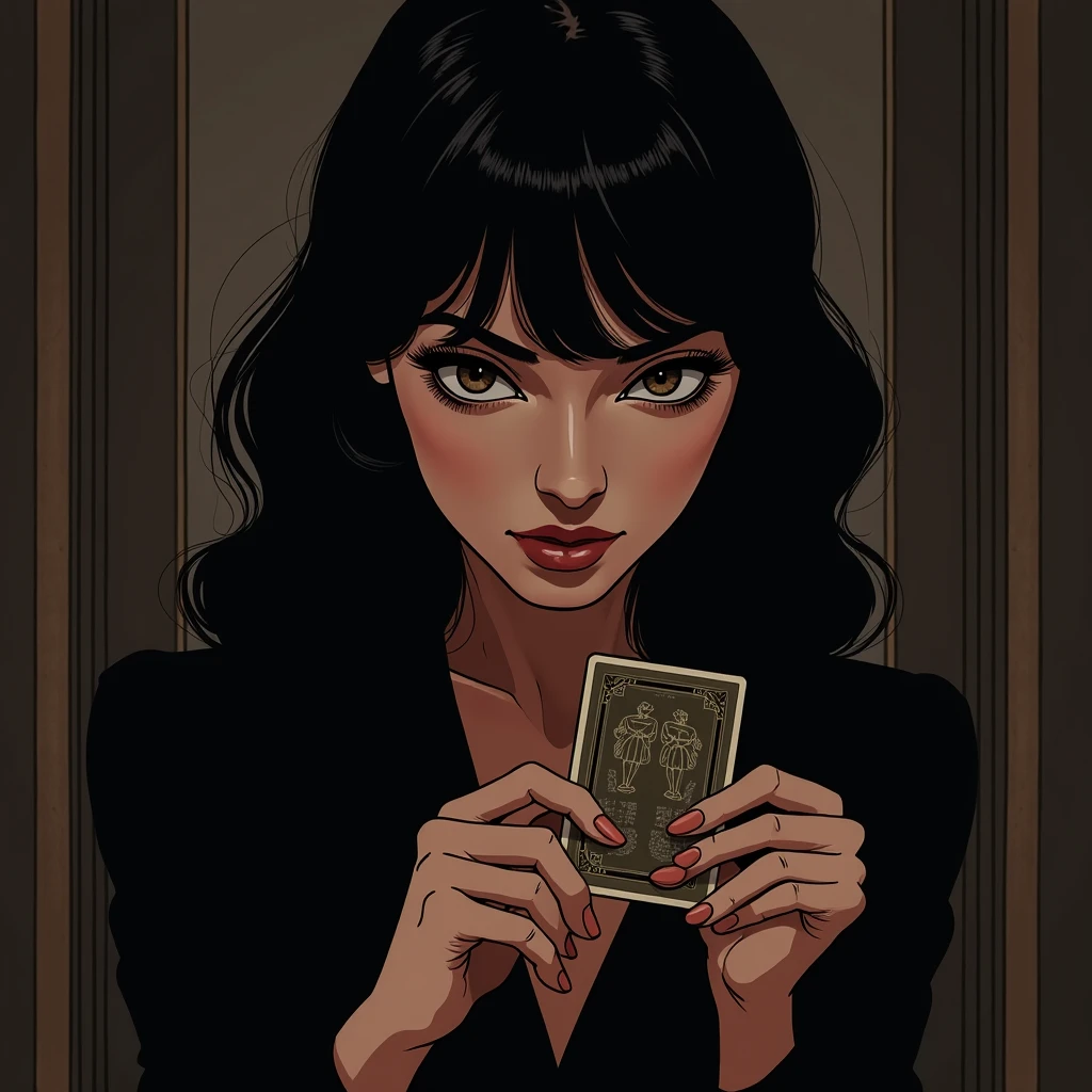(best quality, masterpiece:1.2), illustration by artgerm and ayami kojima, shot from above, an attractive seeress, perfect body, hyperfeminine curves, reading tarot cards with you at the table, pov, dark tones, emotive expression