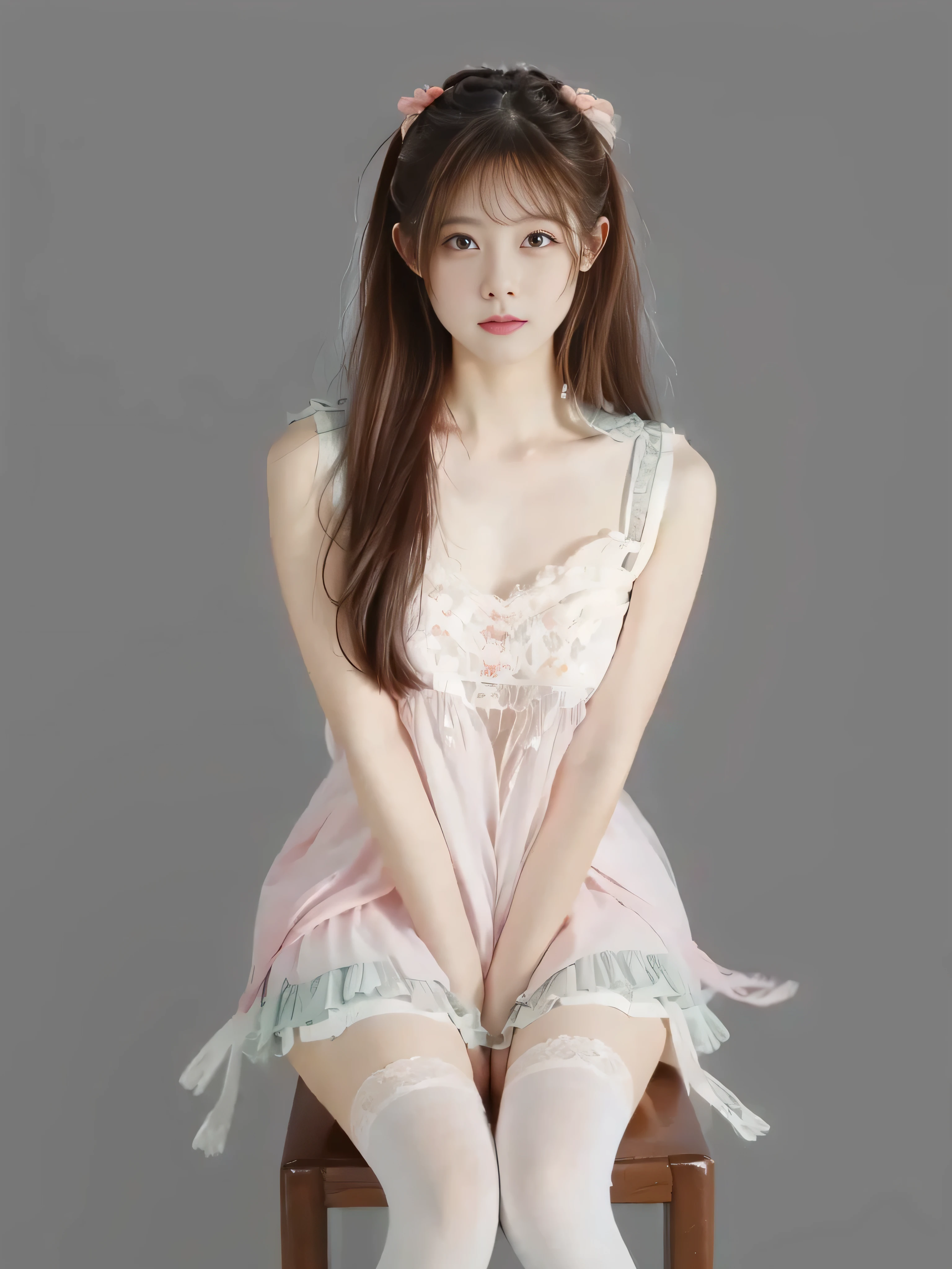  a beautiful girl，Sitting， wearing white thin stockings