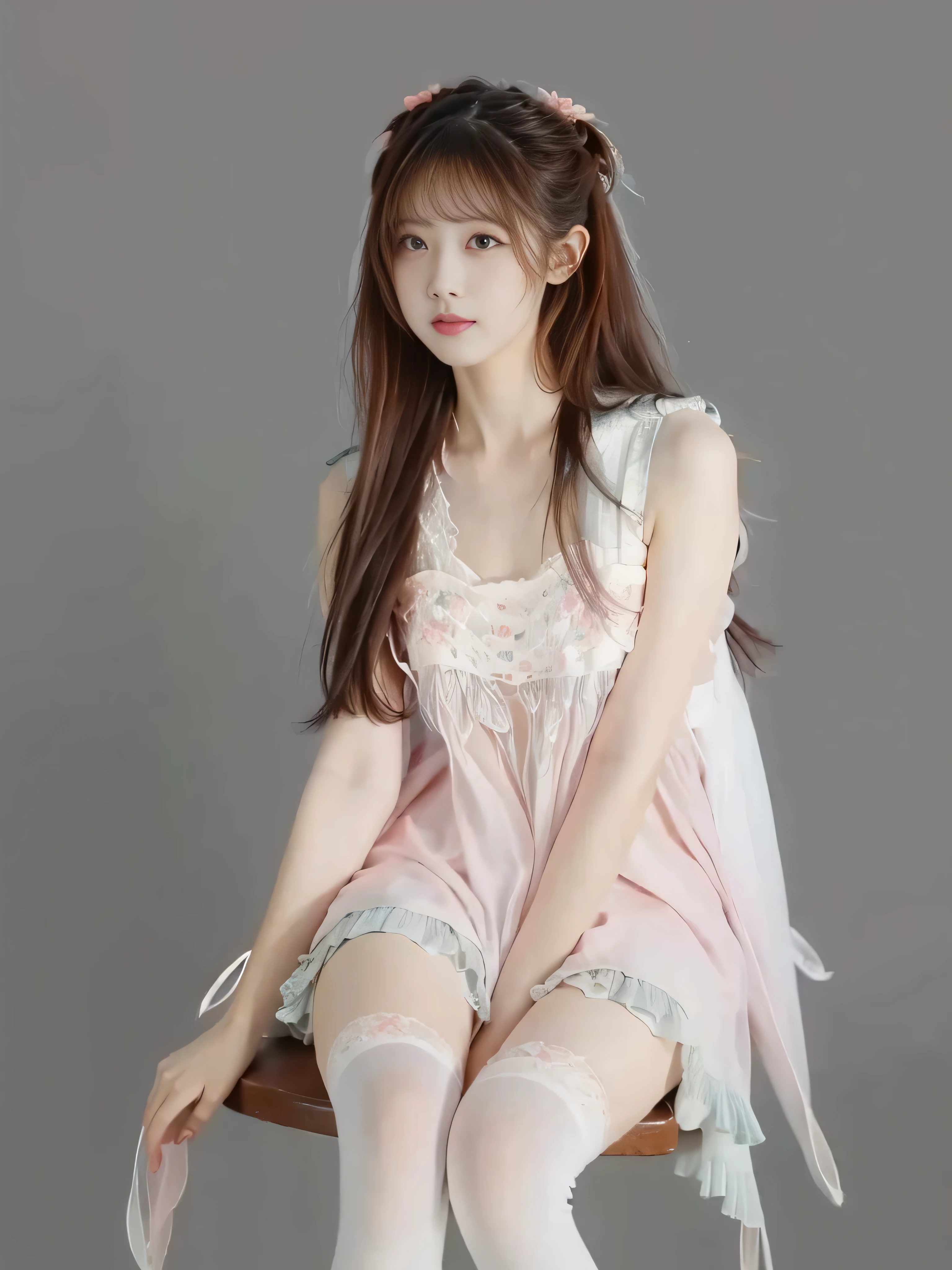  a beautiful girl，Sitting， wearing white thin stockings