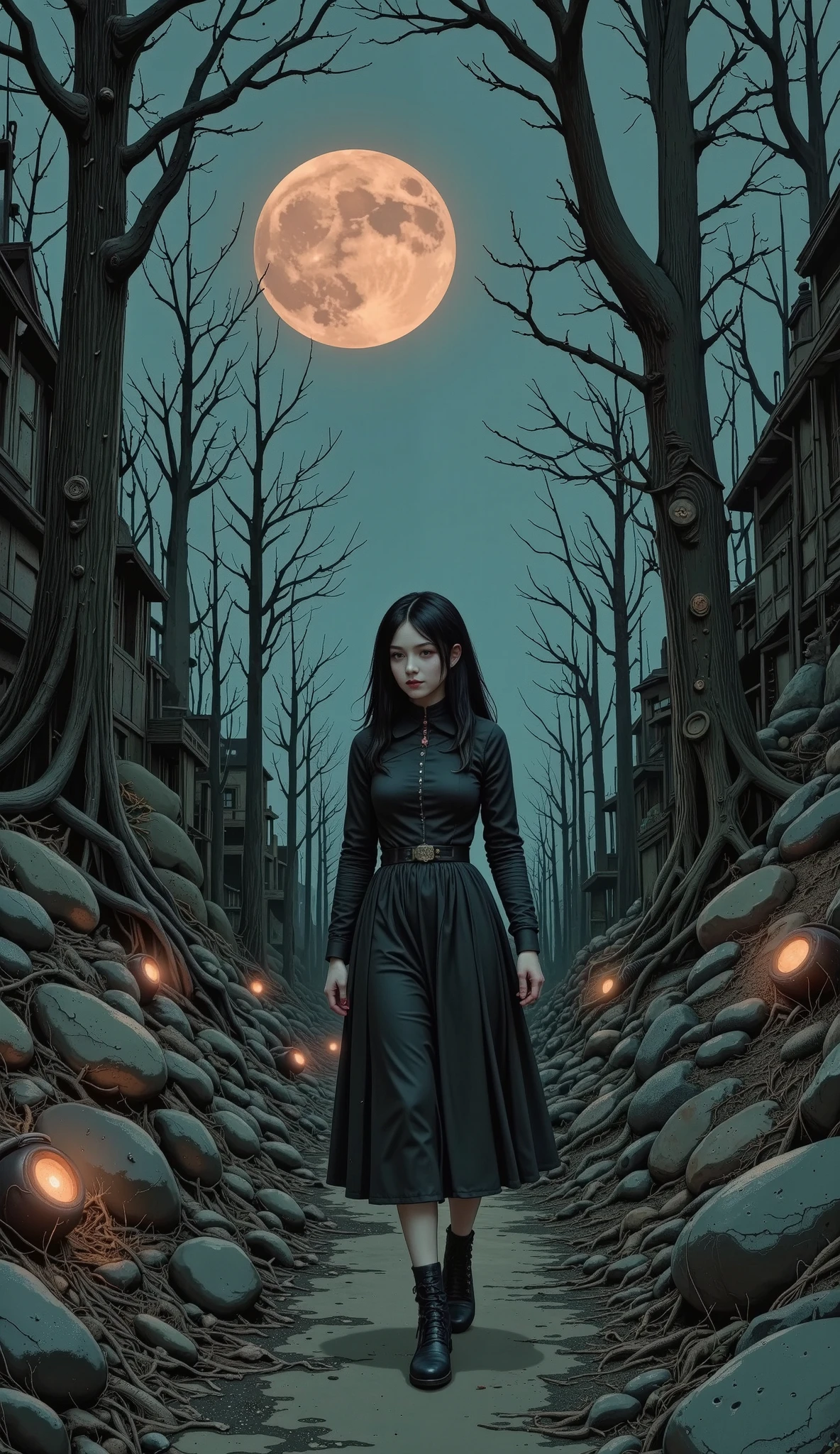 A Day with My Gothic Girlfriend, A gothic girl in a dark forest, long black dress, pale skin, red lips, dark eyeshadow, intense gaze, walking on a path surrounded by twisted dead trees, moonlight shining through the branches, moody atmosphere, (best quality,8k,highres,masterpiece:1.2),ultra-detailed,(realistic,photorealistic,photo-realistic:1.37),dark fantasy,chiaroscuro lighting,dramatic shadows,muted colors,melancholic,atmospheric