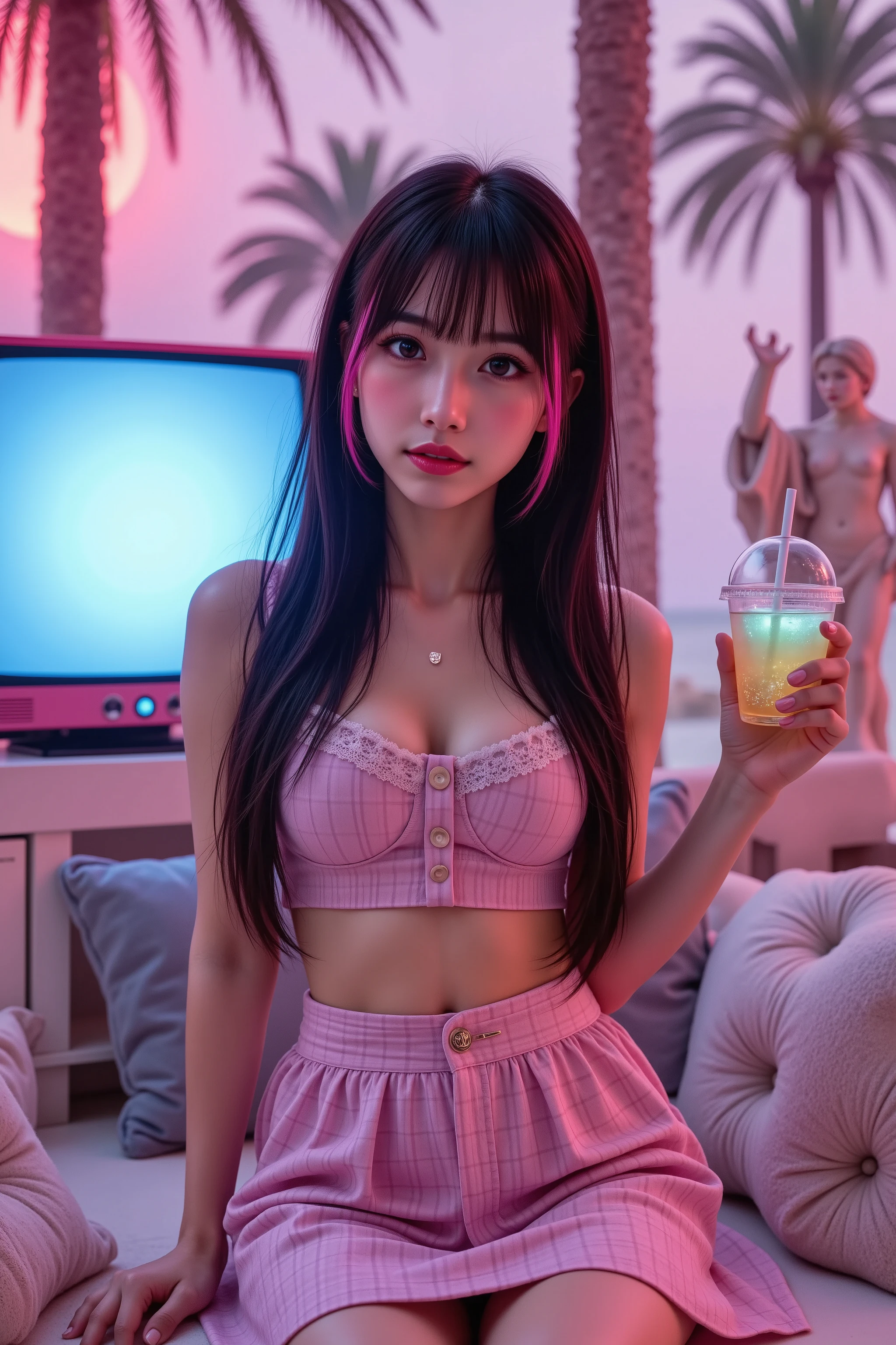 A stylish scene in a vaporwave aesthetic, featuring a woman with long black hair highlighted with neon pink and blue hues. She wears a grid-patterned skirt and holds a glowing drink while sitting in a surreal retro-futuristic environment. The background blends pastel neon tones with palm trees, a CRT television, and Roman statue elements, all under a soft cyberpunk ambiance. A chromatic aberration effect distorts the colors with a red-blue shift, while digital glitch effects and retro TV noise create a nostalgic VHS-like texture. The glow effect enhances the neon lighting, making the scene vibrant yet dreamlike.