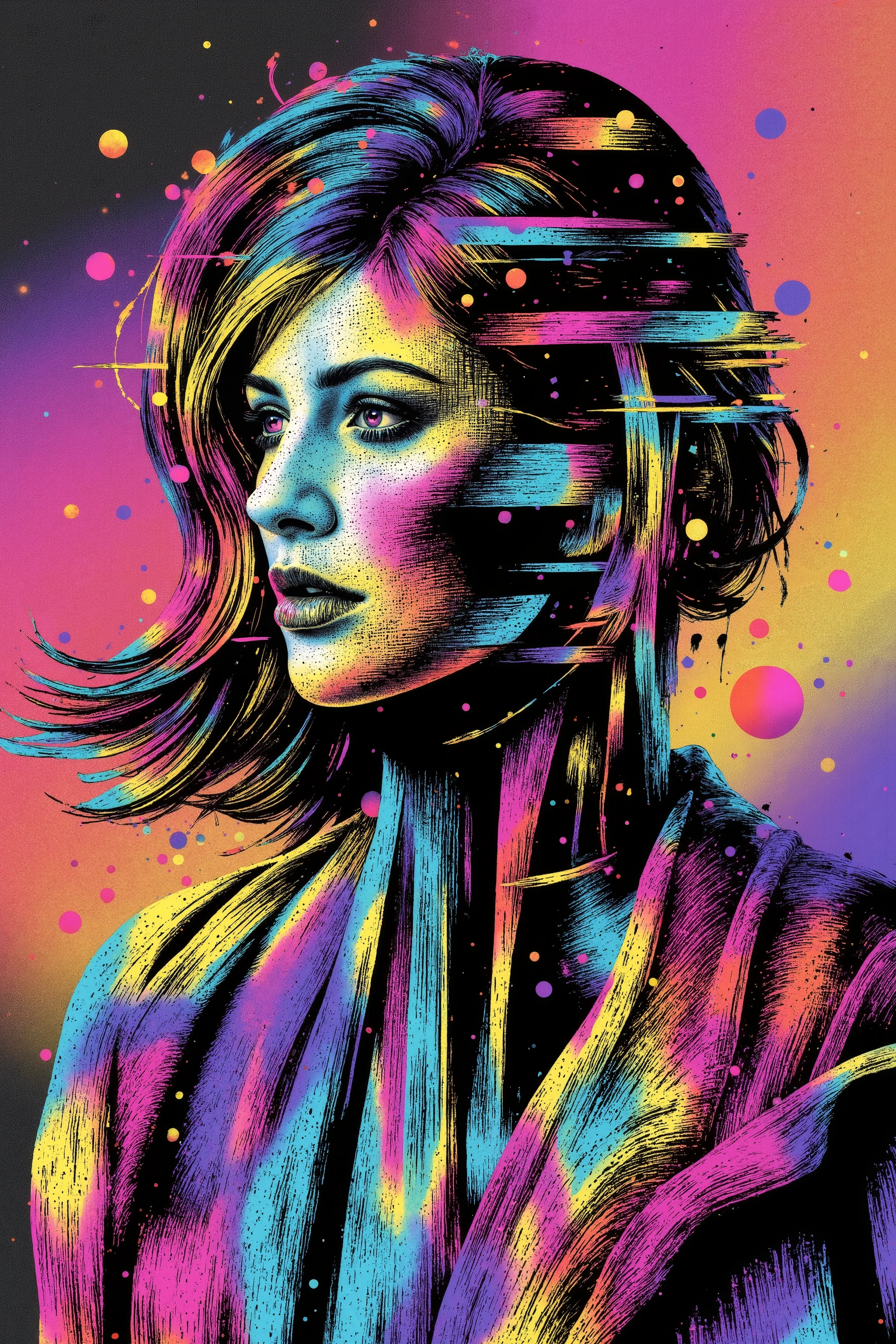 A surreal illustration in the Gradient Mesh style, featuring smooth blended color transitions and ethereal lighting. The character appears as if sculpted from flowing gradients, with metallic paint accents adding reflective highlights. The airbrushed surfaces enhance the fluidity, while glazing techniques create a sense of depth and transparency. Despite the seamless aesthetic, disruptive elements intrude—a grunge texture introduces rough imperfections, and chaotic paint splashes distort the harmony. Dust & scratches overlay the polished look with aged imperfections, while retro TV noise adds a VHS grain effect. Glitch distortions subtly fracture the otherwise smooth curves, creating a paradoxical fusion of futuristic elegance and digital decay.