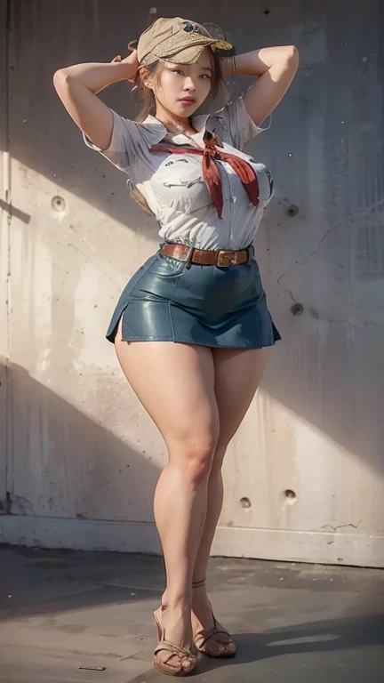 Neko girl with red hair and red boots posing, photorealistic perfect body, highly detailed giantess shot, thighs close up, realistic shaded perfect body, accentuated hips, hand on hips, black extremely tight jeans, middle shot waist up, she is staring in the mirror. realistic, waist - shot, thighs focus, 4k], 4 k ]